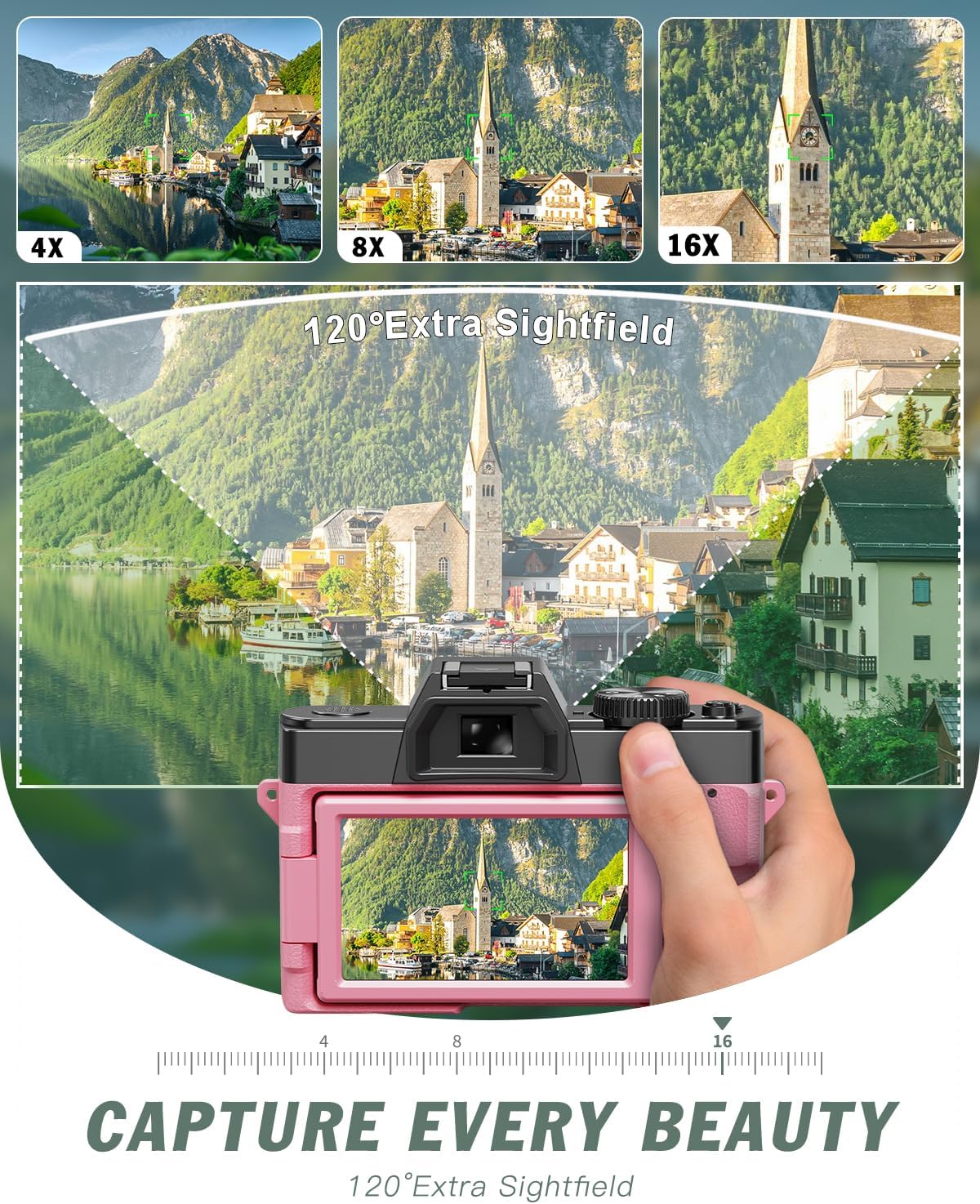 8K 64MP Digital Cameras for Photography,16X Zoom,3 Color Filters (Pink)