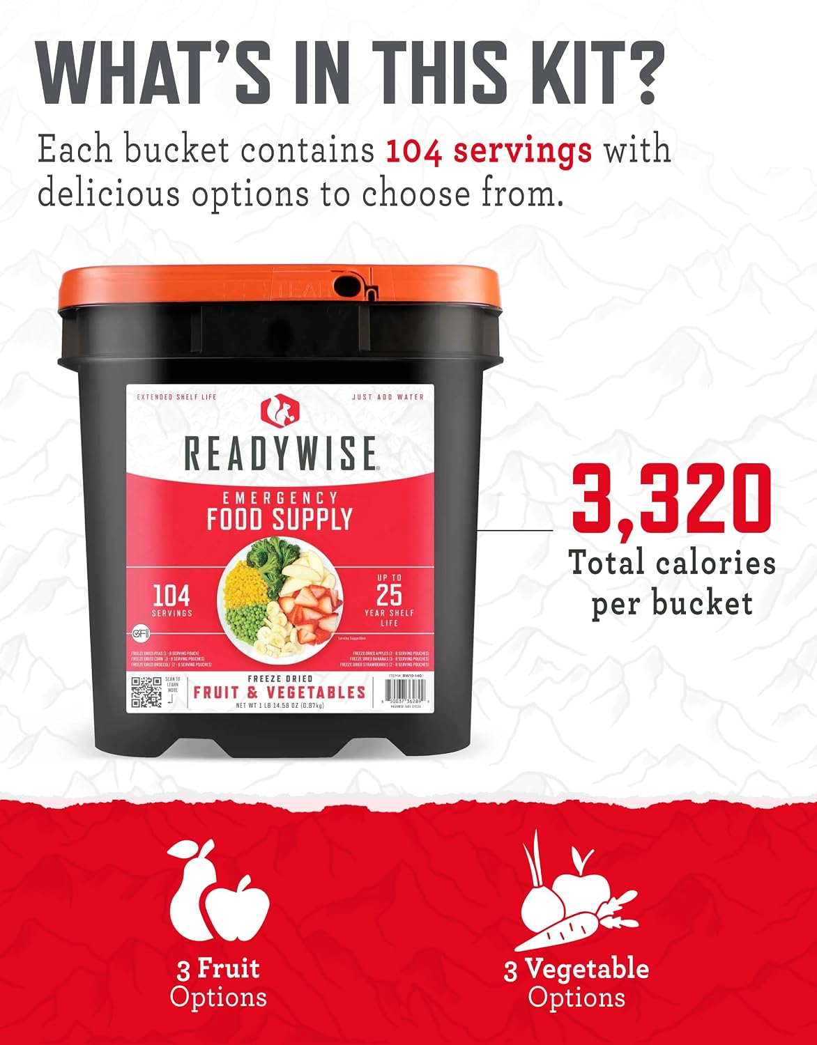READYWISE Emergency Food Supply Fruit & Vegetables Bucket, 104 Servings