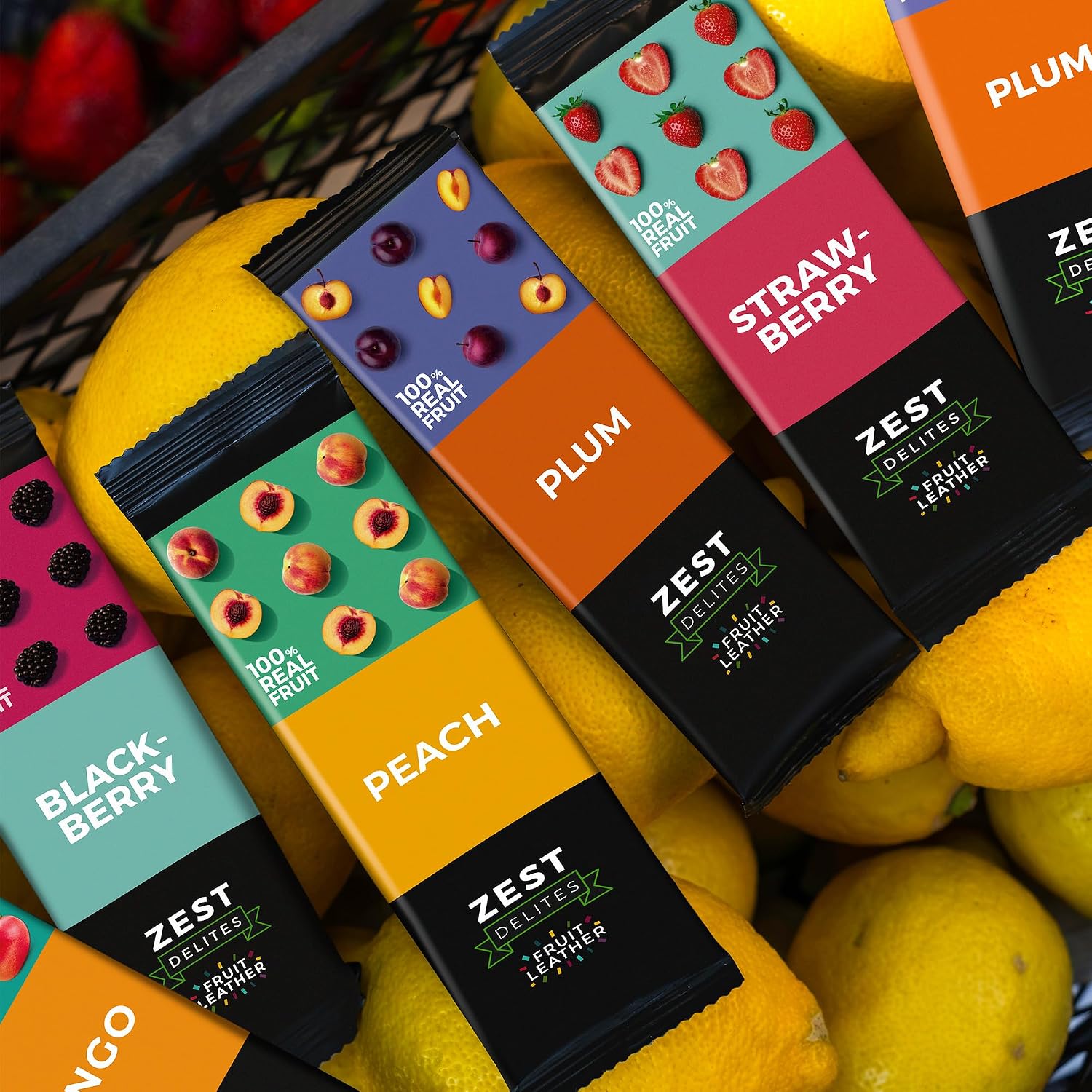 Fruit Snacks by Zest Delites, Fruit Leather, Healthy Snacks for Adults & Kids, Vegan Apple-Based Strips, Dried Strawberry-Peach-Blackberry-Plum Bars, 0.88 oz x 36