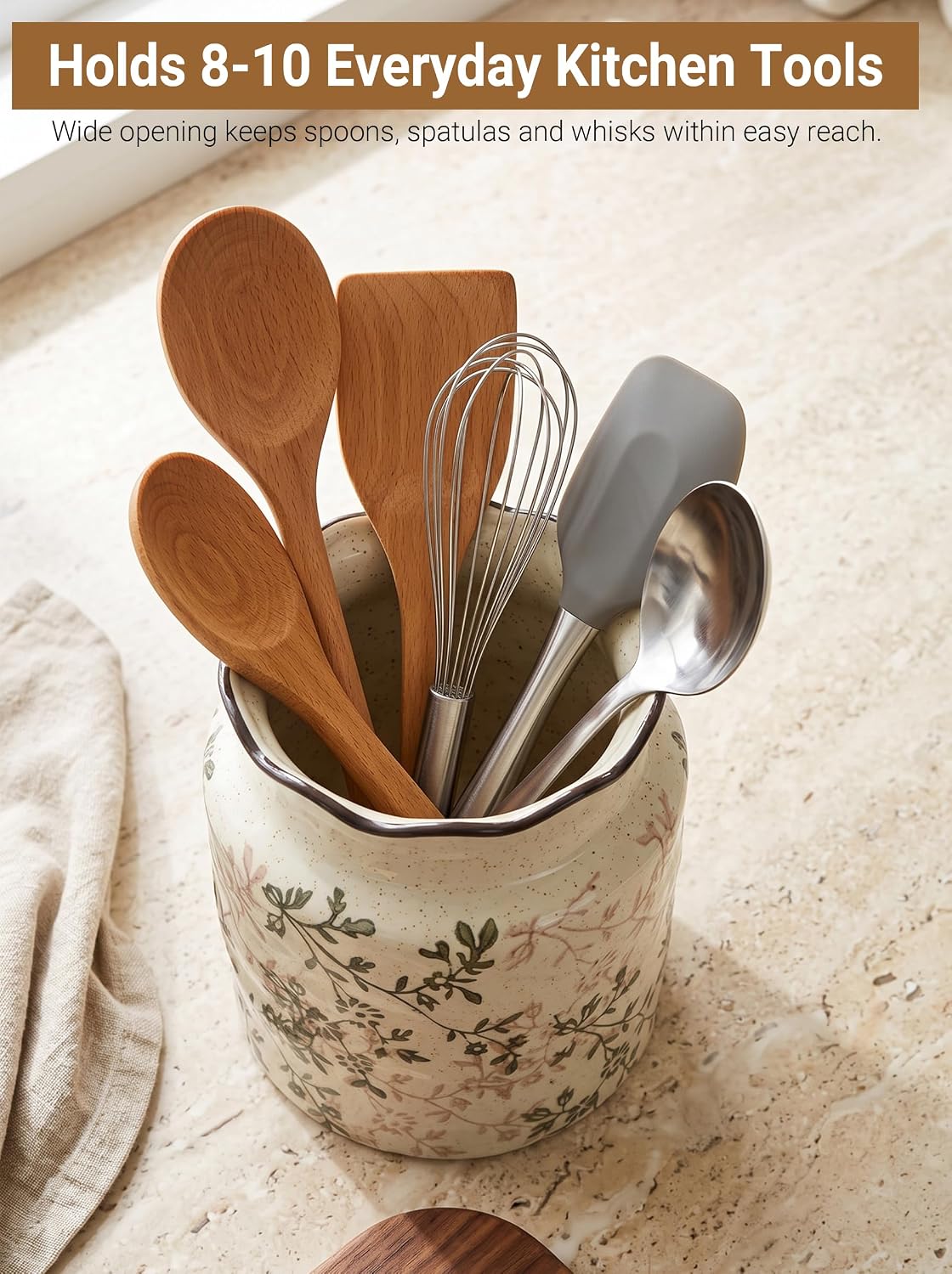 Ceramic Utensil Holder for Kitchen Counter, Vintage Floral Farmhouse Décor