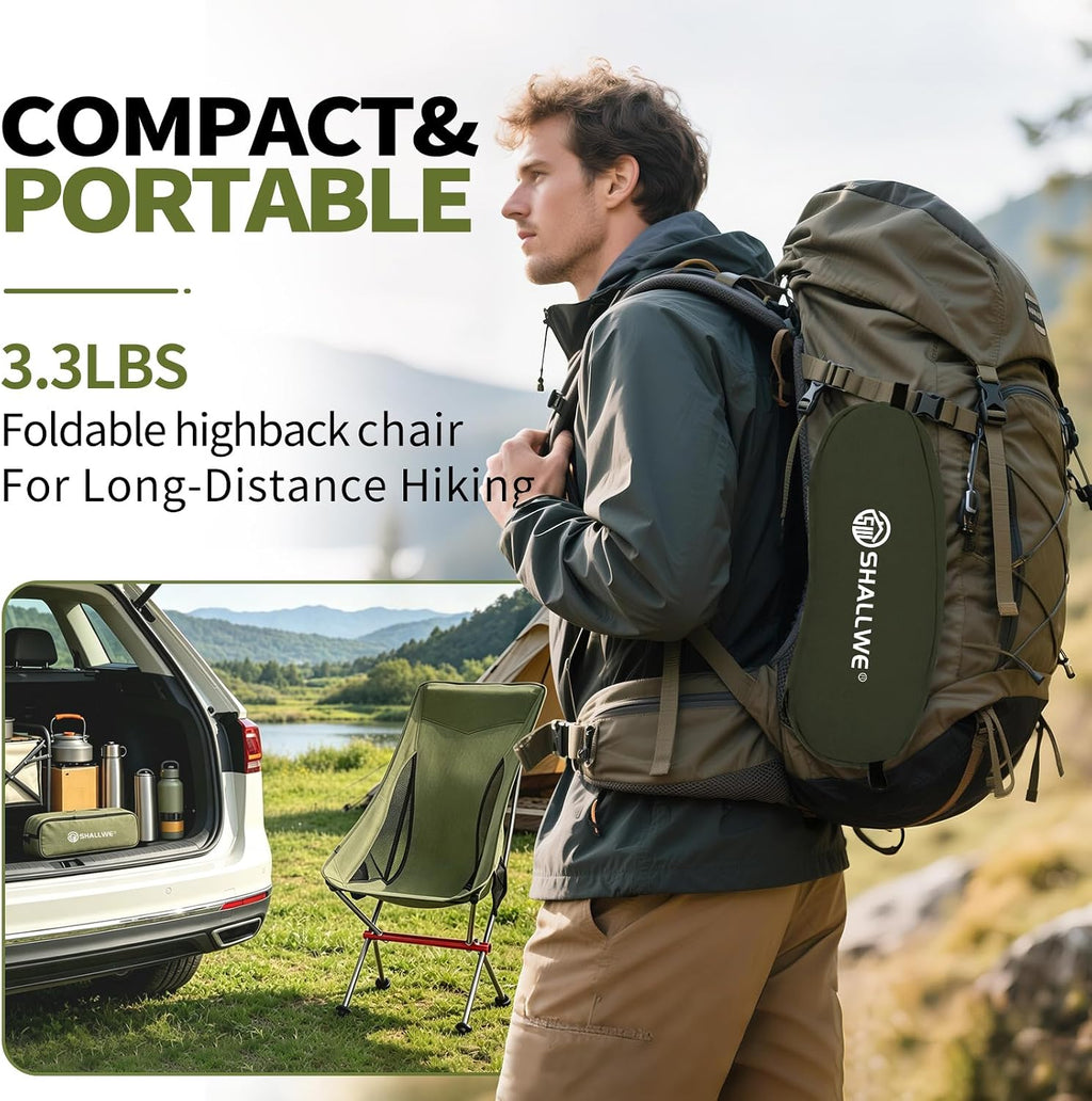 SHALLWE Camping Chairs, All Aluminum Frame Portable Folding Camp Chair for Adults, Heavy Duty High Back Collapsible with Built-in Pillow, Side Pocket, Carry Bag for Backpacking, Hiking, Beach