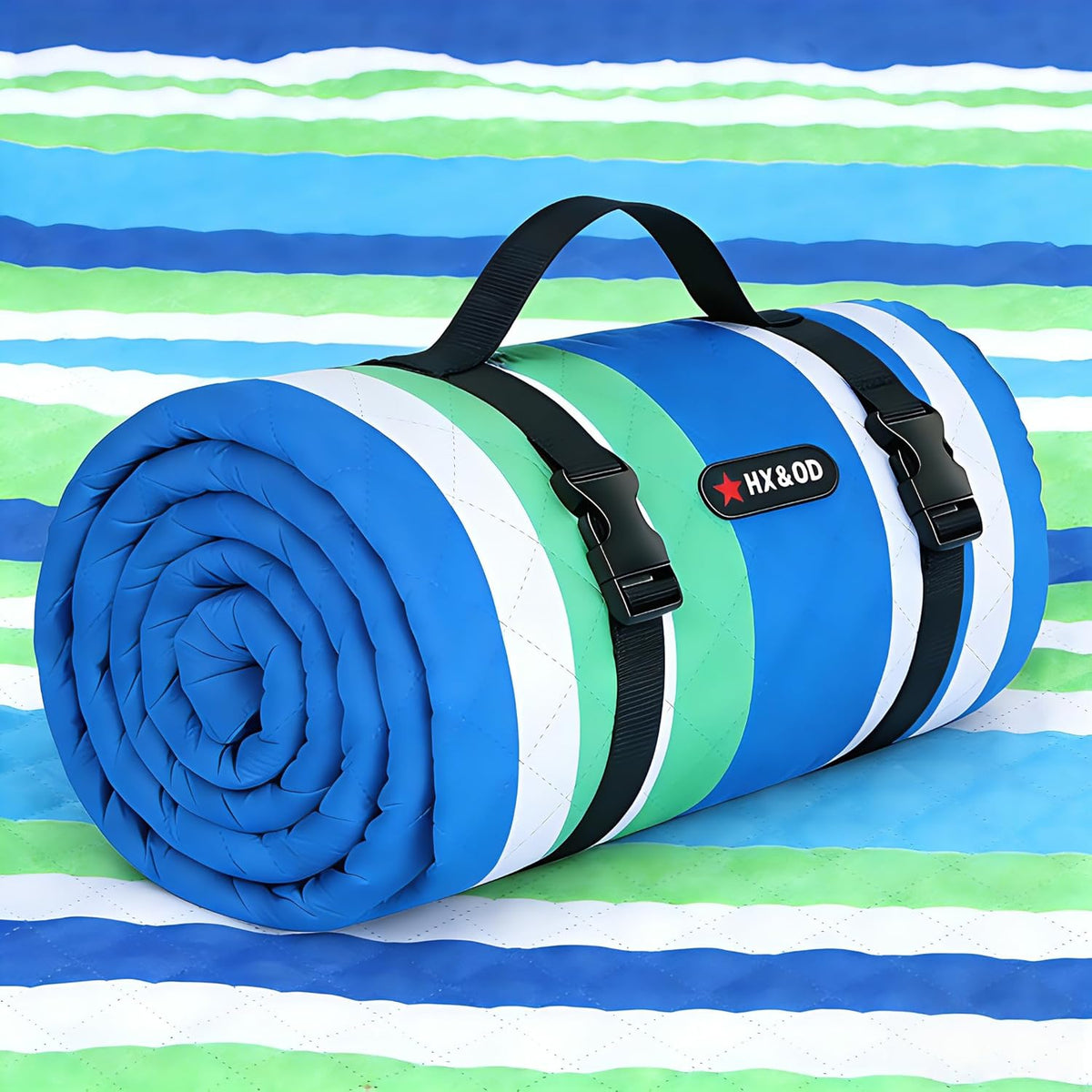 HX&OD Large Picnic Blanket Outdoor 80”x60” Waterproof Picnic Mat Foldable 3-Layer Camping Blanket Portable with Carry Strap Park Blanket for Grass(Blue)