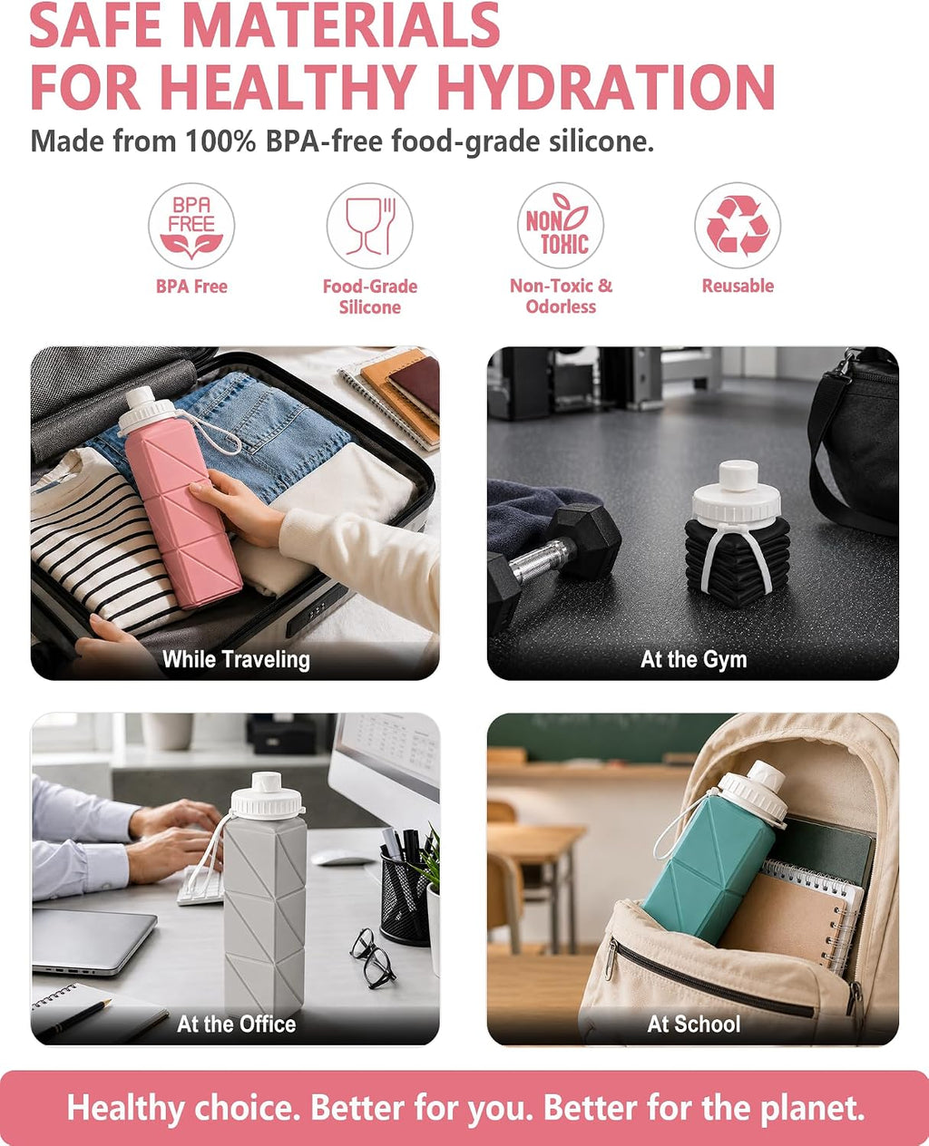 BEAUTAIL Collapsible Water Bottles 21oz/610mL, Silicone Travel Water Bottle