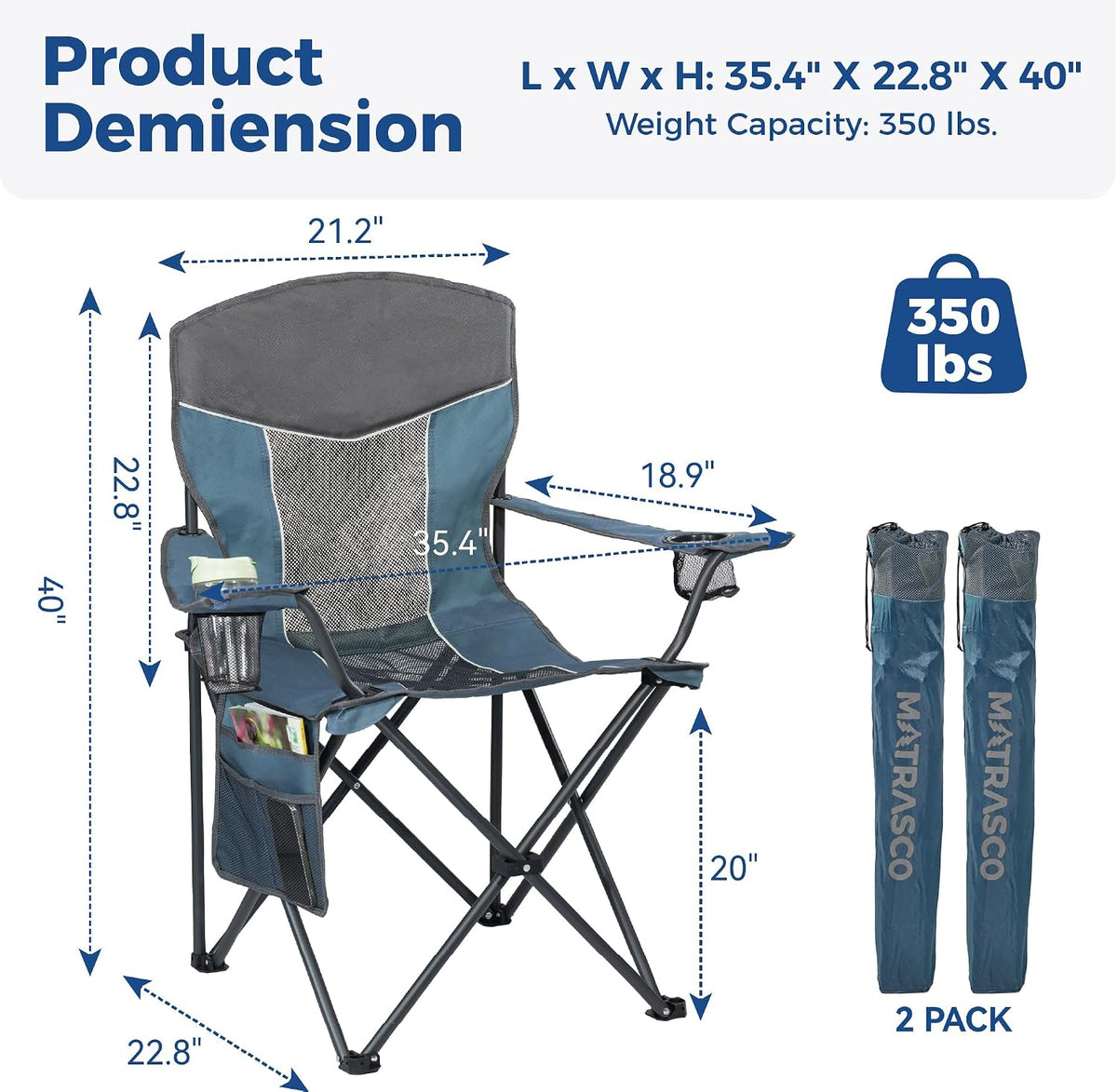 Oversized XL Camping Chair 2-Pack with Mesh Back, Blue