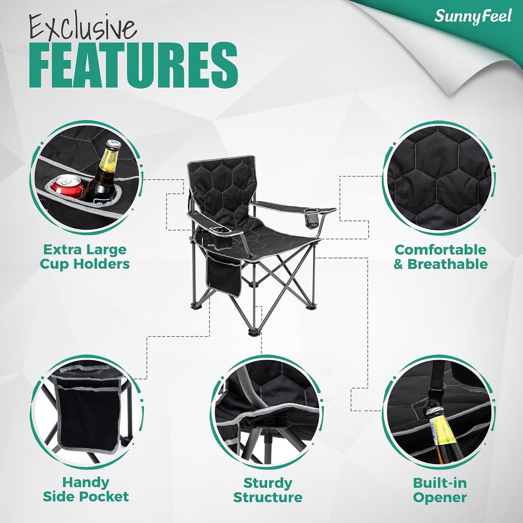 SUNNYFEEL Camping Chairs for Adults, Padded Oversized Camping Chair Heavy Duty 500LBS, Portable Lawn Chair with Cup Holder, Side Pocket&Bag for Outdoor Camping/Beach/Picnic/Fishing, Black