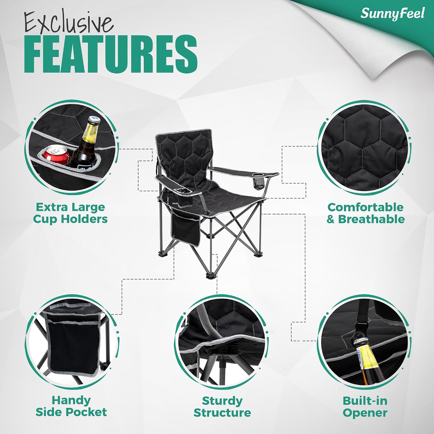 SUNNYFEEL Camping Chairs for Adults, Padded Oversized Camping Chair Heavy Duty 500LBS, Portable Lawn Chair with Cup Holder, Side Pocket&Bag for Outdoor Camping/Beach/Picnic/Fishing, Black