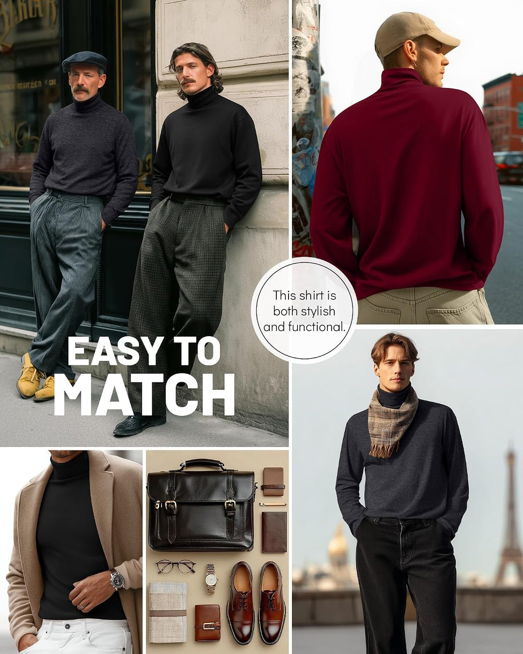 Ficerd 3 Pack Men's Big and Tall Turtleneck Shirts