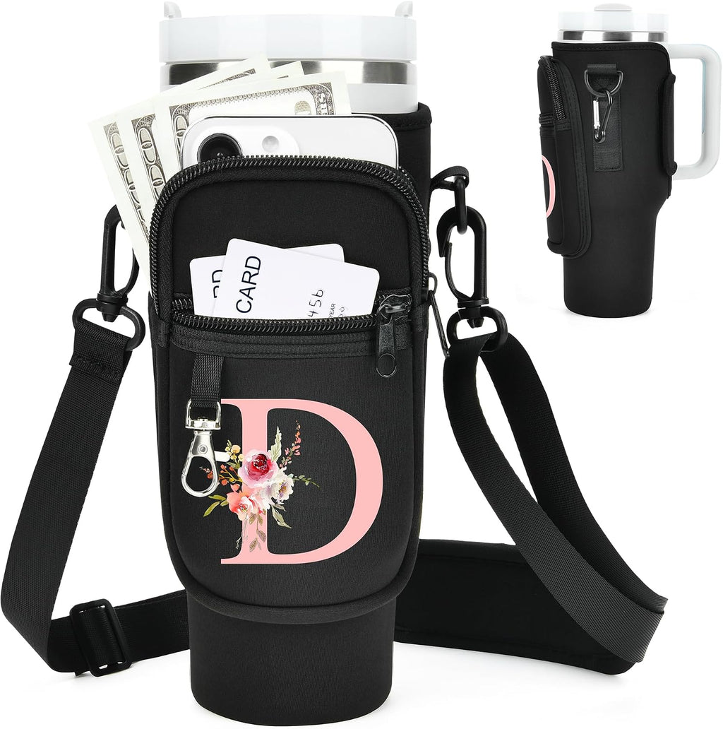 Initial Water Bottle Holder with Strap for Stanley Cup Accessories 40 oz/Simple Modern Tumbler, Birthdays for Women Girls, Water Bottle Carrier Bag with Phone Pocket,Hiking Walking Gym Camping