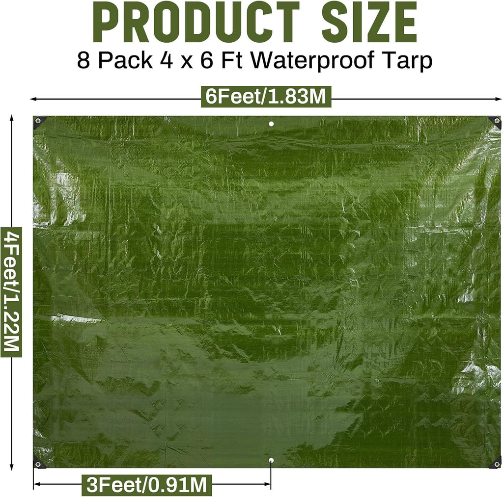 8 Pack 4 x 6 ft Army Green Tarps, 5.5 Mil Heavy Duty Waterproof Tarp