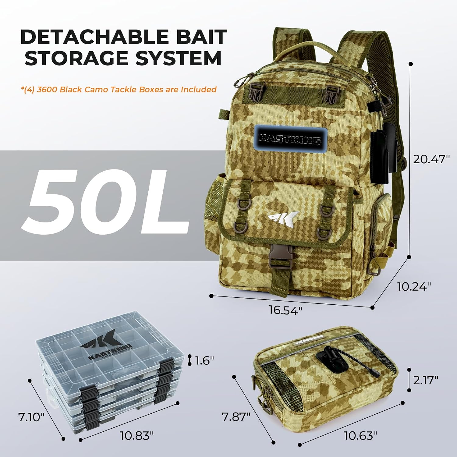 KastKing BaitSpace Fishing Tackle Backpack with Removable Bait Binder,2 Rod Holders Storage Fishing Gear and Equipment