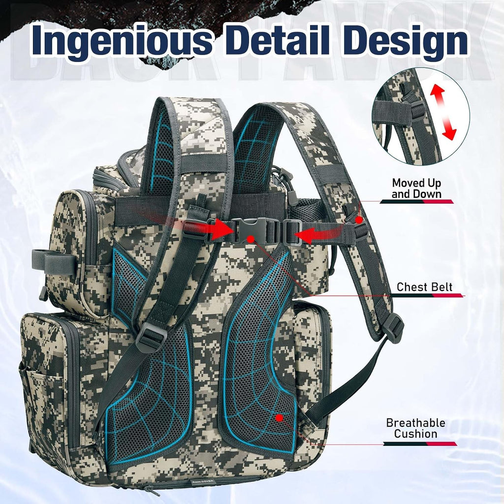 Piscifun Fishing Tackle Backpack with 2 Rod Holders, 4 Boxes & Rain Cover