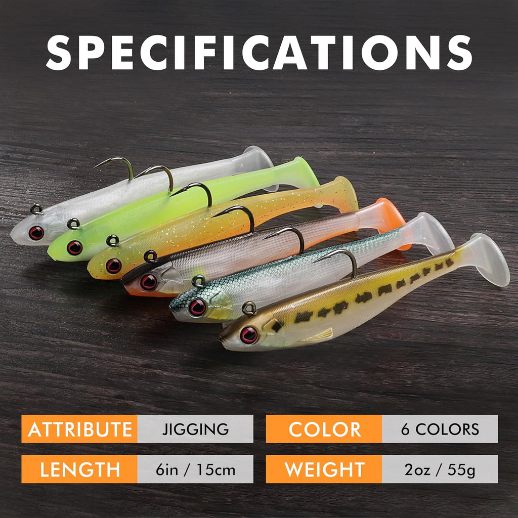 TRUSCEND Shadtale Easy Catch Soft Fishing Lures with BKK Hooks - Trembly Sinking and Vibrating Swim for More Bites, Pre-Rigged Swimbaits for Bass, Trout, Crappie, Walleye, Freshwater Saltwater Fishing