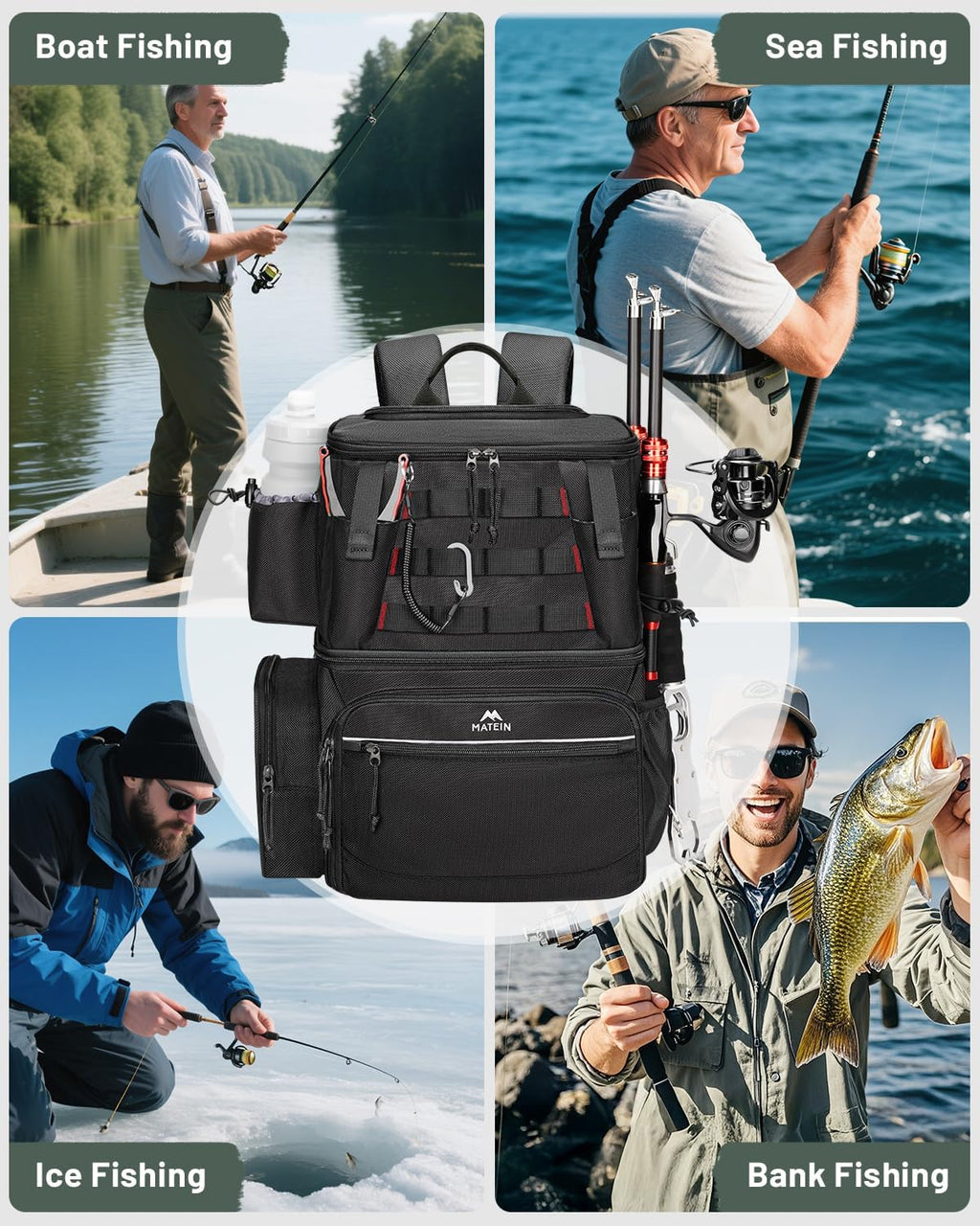 MATEIN Fishing Backpack with 4 Tackle Boxes, Fishing Bag with Rod Holder