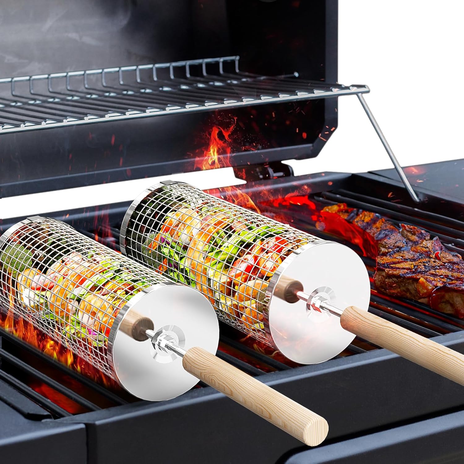ivtivfu Rolling Grill Basket, Removable Wooden Handle, Nesting BBQ Tools
