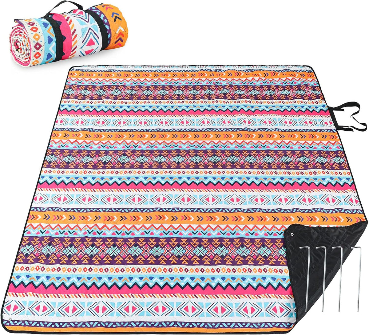 PY SUPER MODE Picnic Blankets Extra Large, Waterproof Foldable Outdoor Beach Blanket Oversized 83x79” Sandproof, 3-Layer Picnic Mat for Camping, Hiking, Travel, Park, Concerts(Orange Boho)