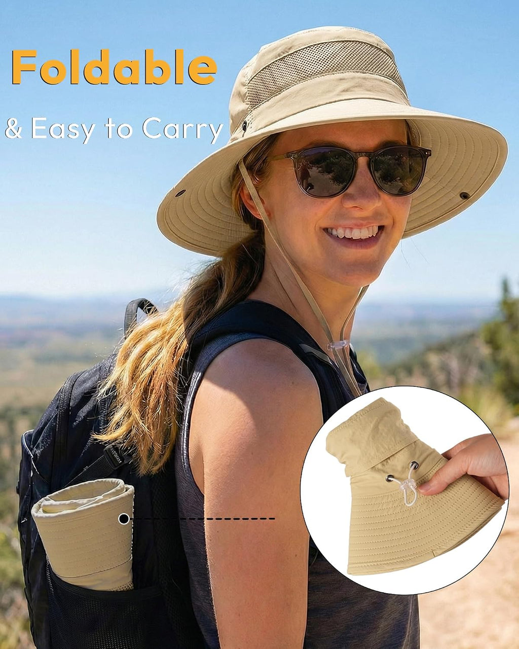 Women's Sun Hat Sun Protection Wide Brim Bucket with Ponytail Hole Summer