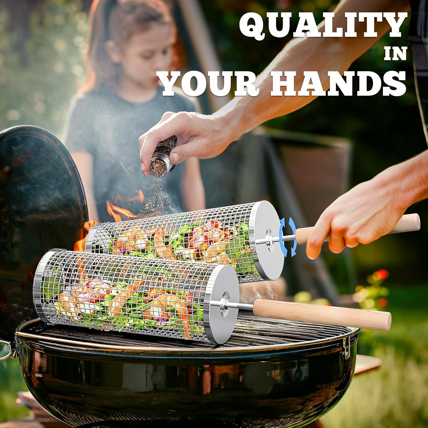 ivtivfu Rolling Grill Basket, Removable Wooden Handle, Nesting BBQ Tools