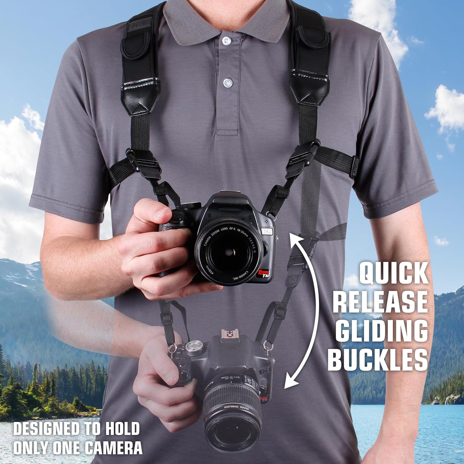 USA Gear DSLR Camera Strap Chest Harness with Quick Release Buckles, Black Neoprene Pattern and Accessory Pockets - Compatible with Canon, Nikon, Sony and More Point and Shoot and Mirrorless Cameras
