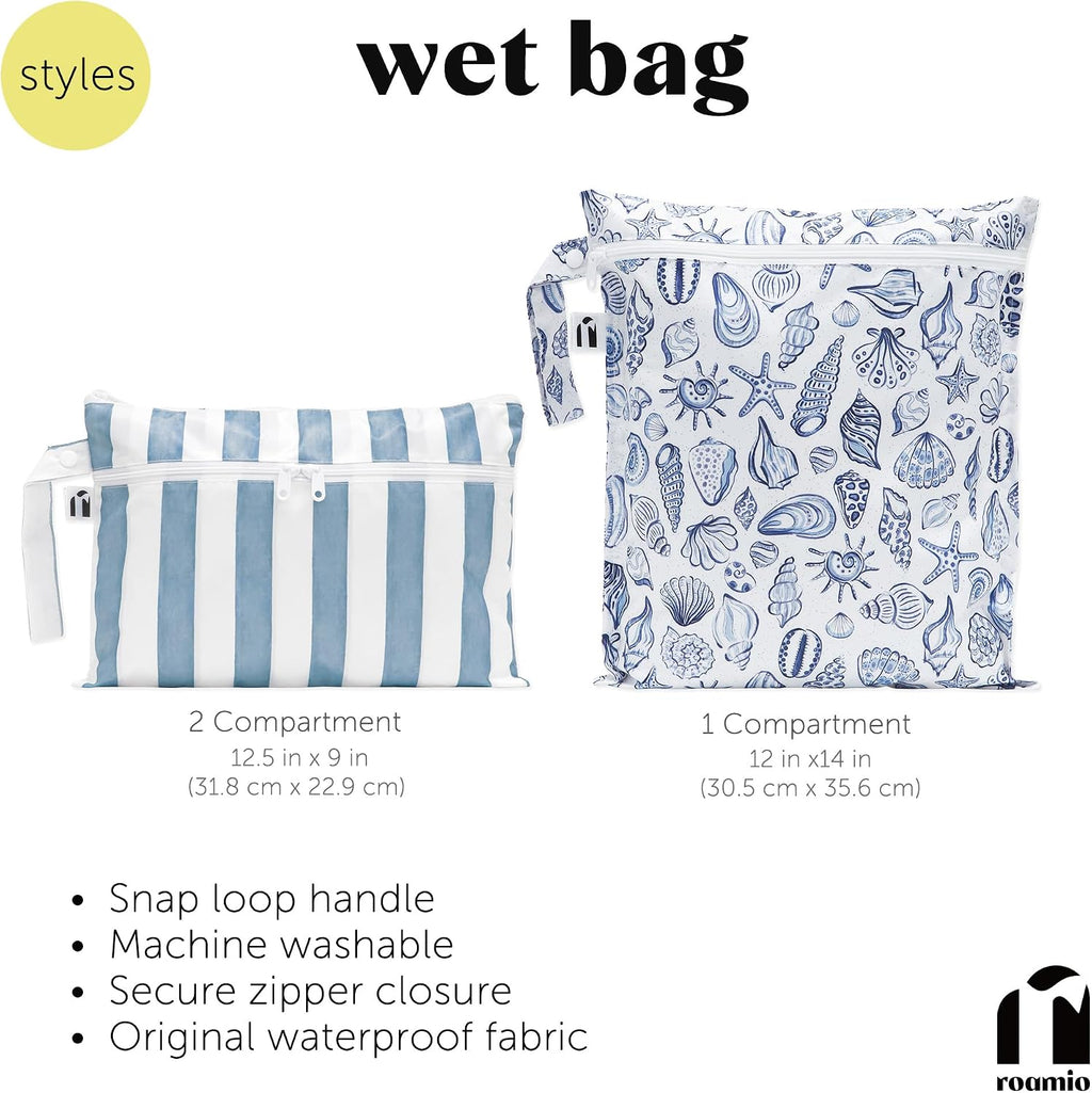 Bumkins Roamio - Waterproof Wet Bag - For Baby, Travel, Swim Suit, Cloth Diapers, Pump Parts, Pool, Gym, Toiletry, Strap to Stroller - Reusable & Easy to Clean - 2pk - Faux Pocket Patch Denim