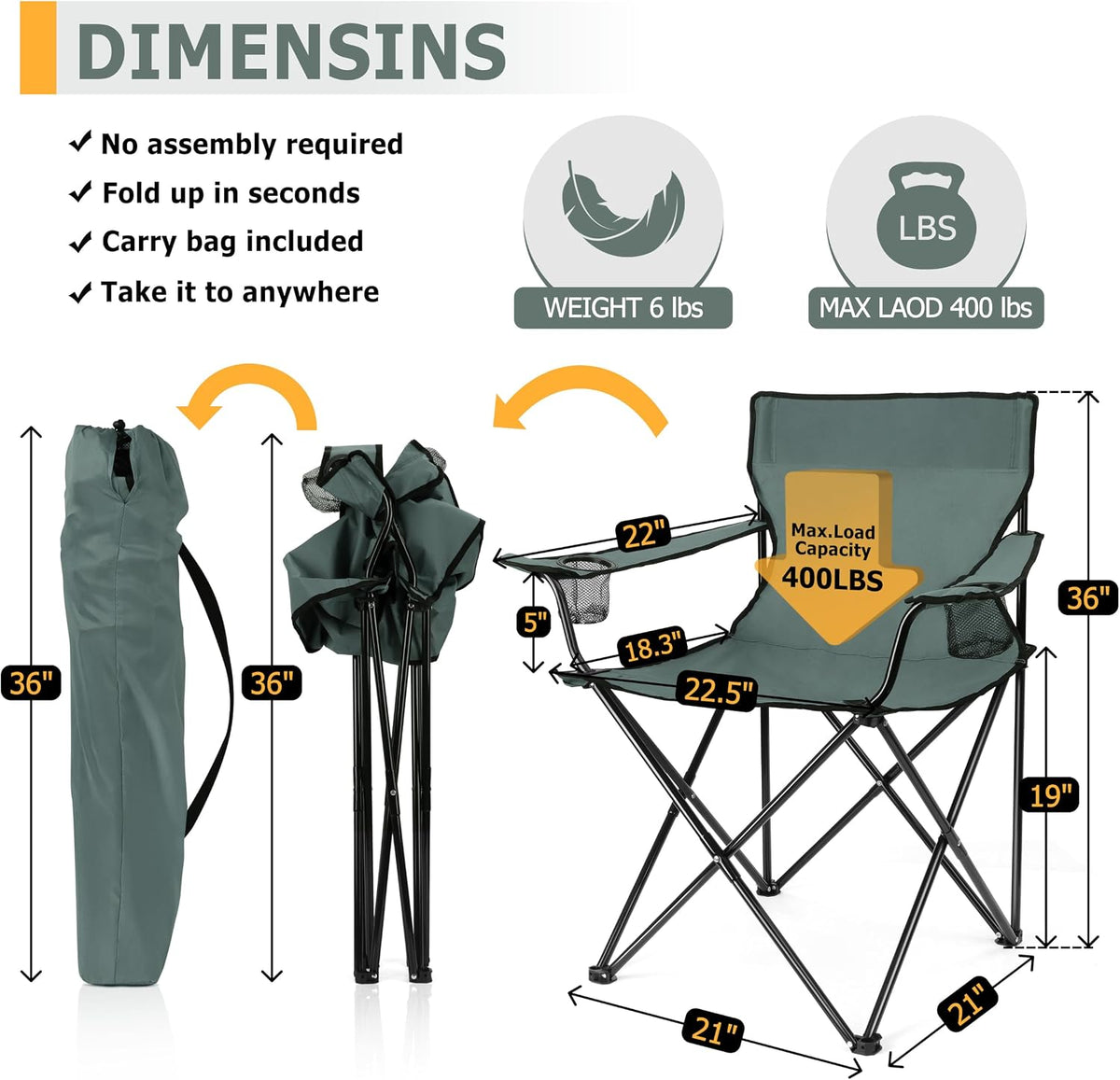 Joyfair Camping Chairs for Lawn & Beach, Large for Adults, Grey