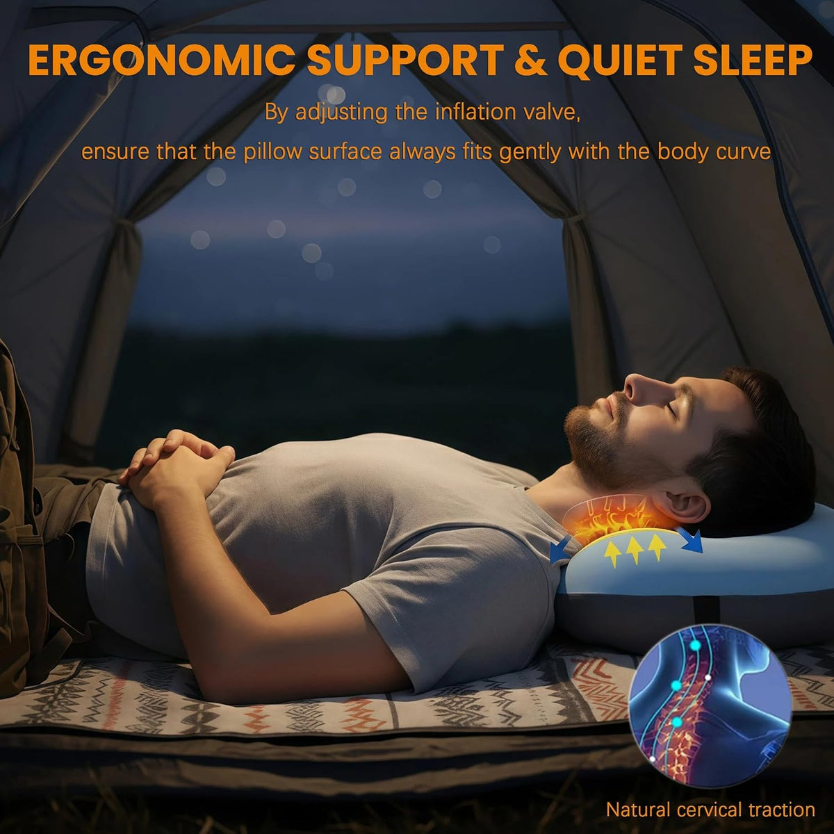 Inflatable Neck Pillow for Camping Backpacking Beach Small Ultralight Portable Hiking Gear Sleeping Bag Pad Fan Foldable Table Stove String Light Toilet Shower Cookware Flashlight Couch Accessories