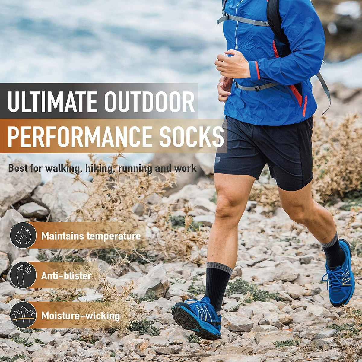 Niorasen Merino Wool Hiking Crew Socks for Men & Women, Thick Cushioned Anti-Blister, Moisture-Wicking, Seamless, 3/5 Pairs