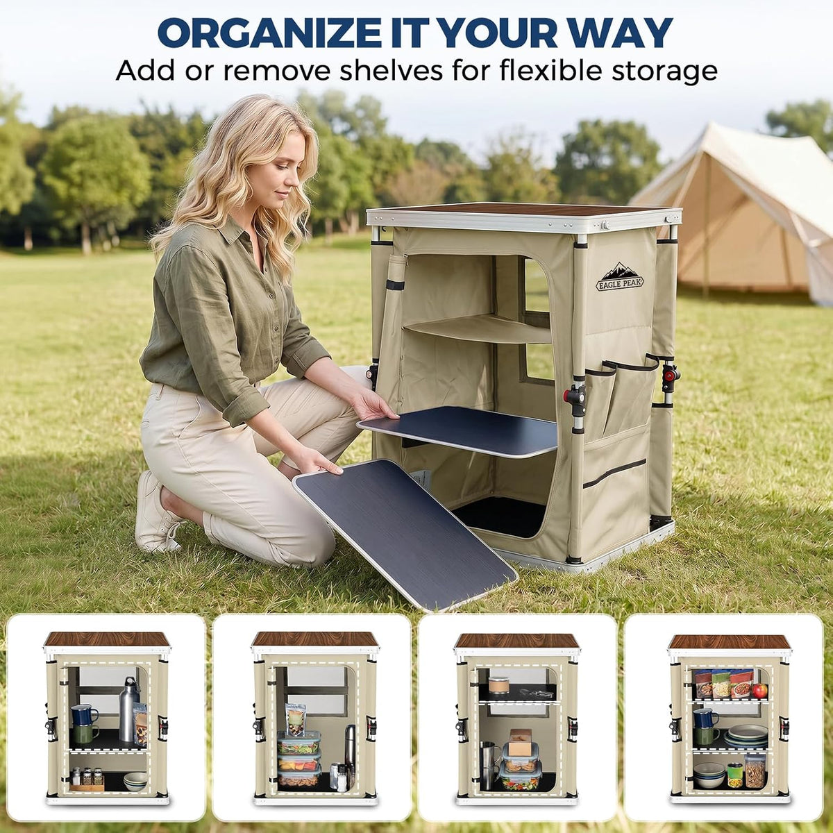 EAGLE PEAK Outdoor Folding Camping Table with Large 3-Tier Storage Organizer and Side Pockets, Easy Set Up Portable Aluminum Camping Kitchen, Beige