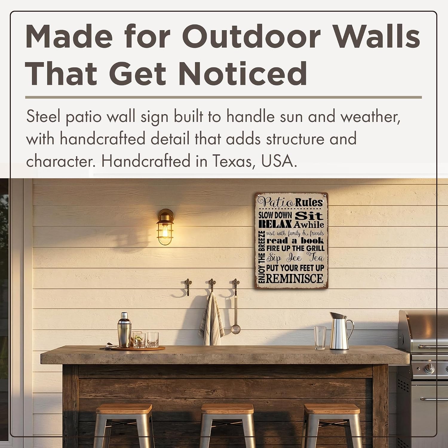 Homebody Accents Patio Rules Sign - Rustic Steel Porch Wall Decor, Outdoor Sign for Back Patio, Deck and Screened Porch, Positive Thinking Home Gift, Made in USA - 12"x16"