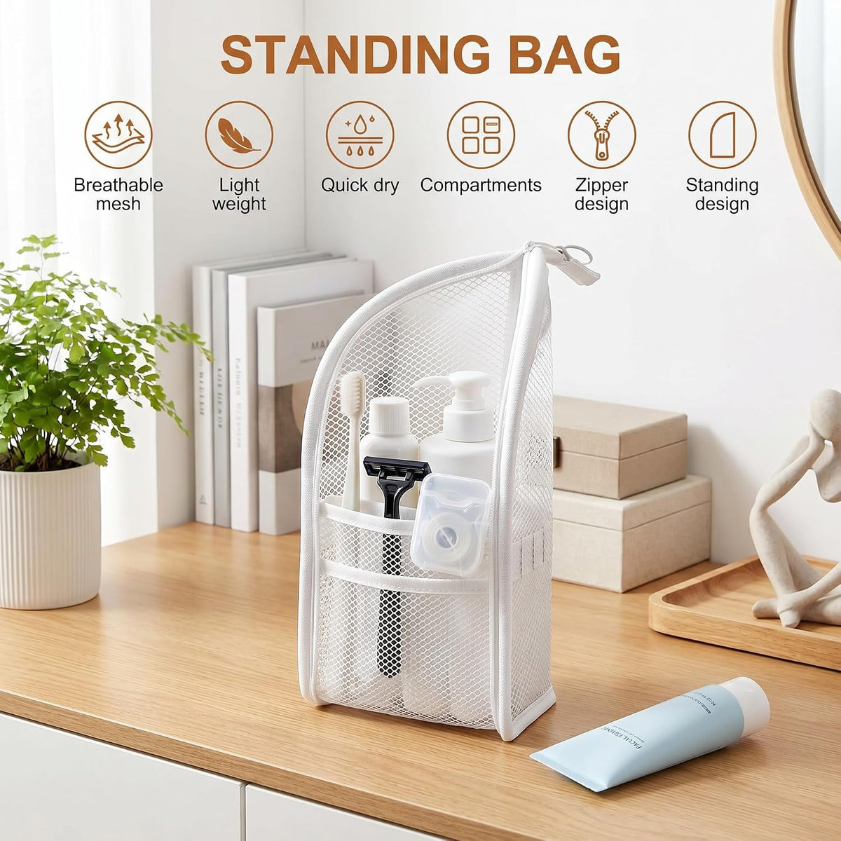 Standing Toiletry Bag,Portable Foldable Hanging Travel Organizer with Zipper and Loop,Mesh Large Capacity Cosmetic Waterproof Bag for Bathroom,Suitcase Packing,Toiletries,Makeup,Skincare (4PC)