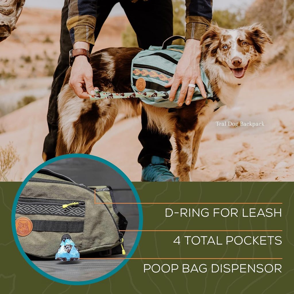 Widlerdog Dog Backpack with Built in Harness and Back-Mounted D-Ring Leash Attachment, Handle, Two Saddlebags with 4 Total Pockets, Built in Poop Bag Dispenser (Huckleberry, Medium)