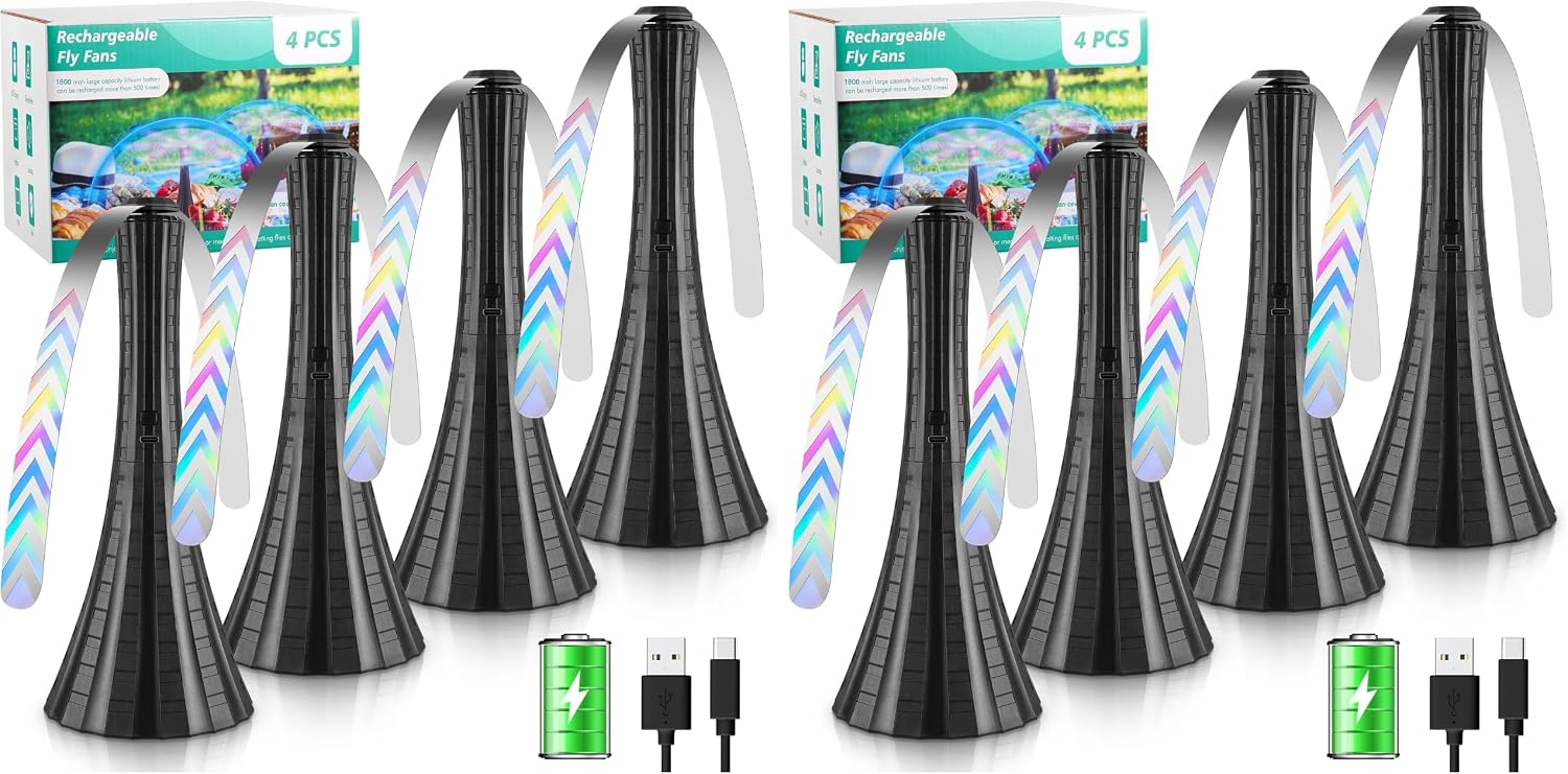 Fly Fans for Tables Rechargeable, Flies Fan to Keep Flies Away by Soft Blades, Food Fans for Camping, Picnic, Fishing, 4PCS, Black，Party Essentials Picnic Accessories for Outside, 2000mah