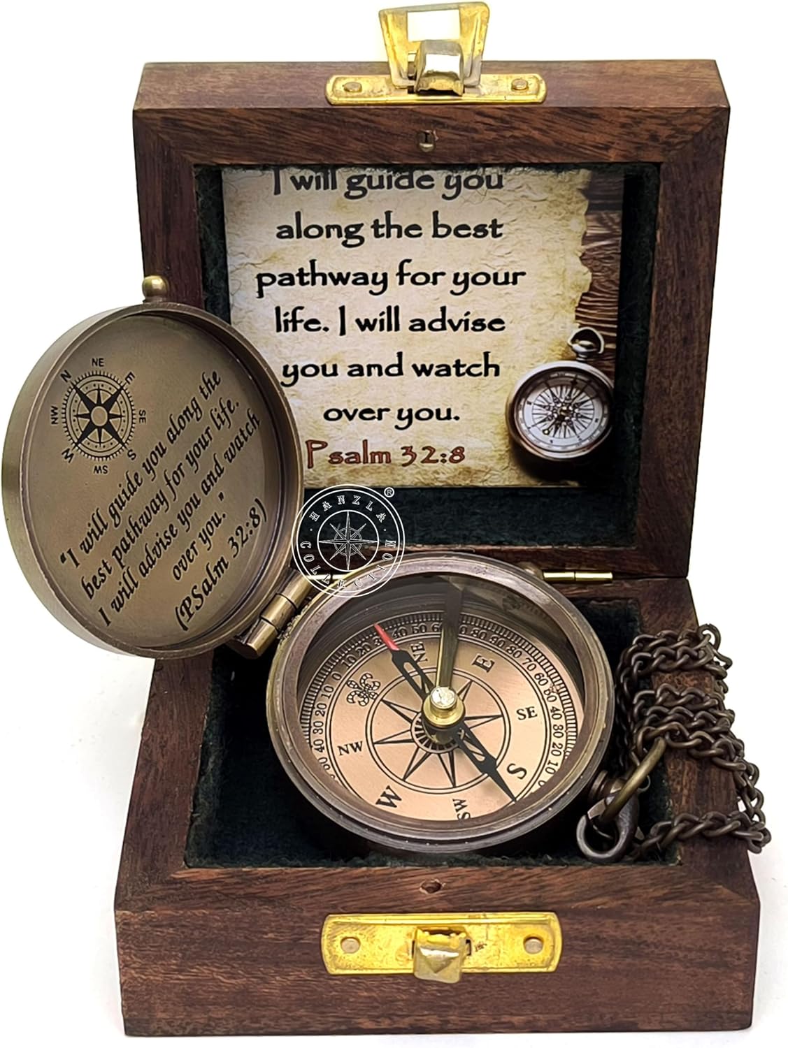 May Your Faith Always Guide You Pslam 32:8 Engraved Compass, Pocket Gift for Hiking, Religious Brass Compass with Wooden Box, Navigational Outdoor Compass Great Gift Item for Your Loved Ones