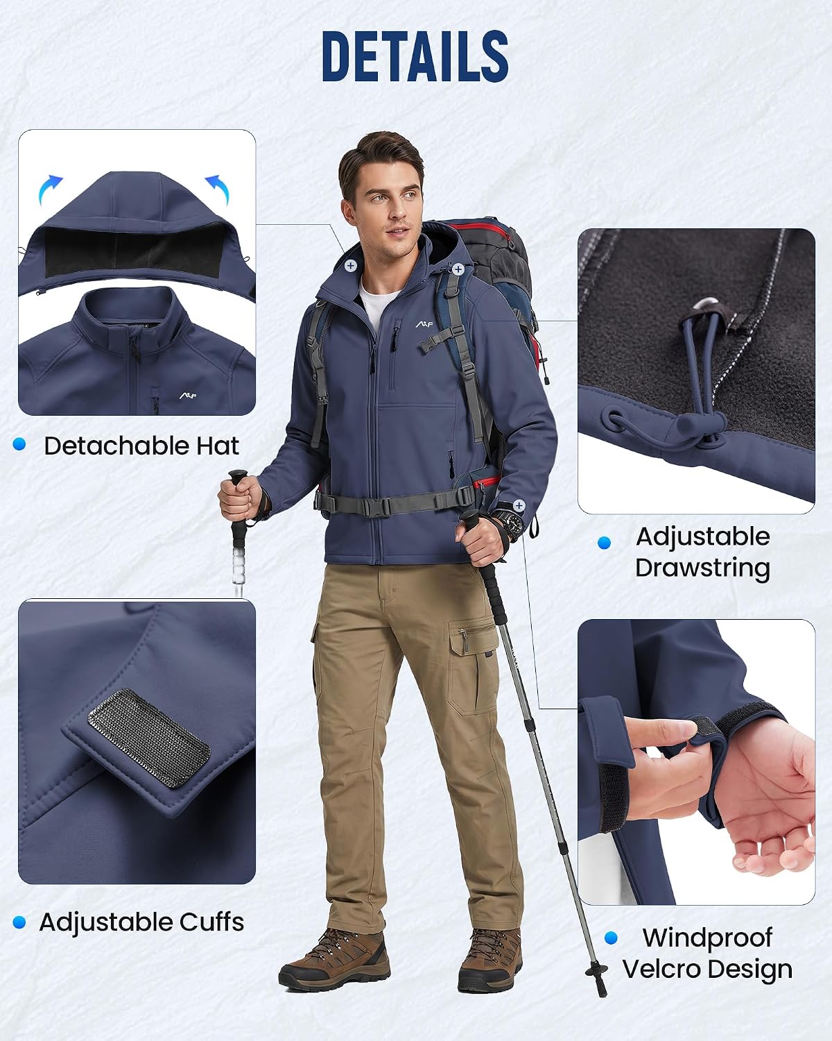 WULFUL Men's Softshell Jacket Waterproof Lightweight Insulated Windbreaker Fleece Lined Rain Shell Jacket for Hiking Travel