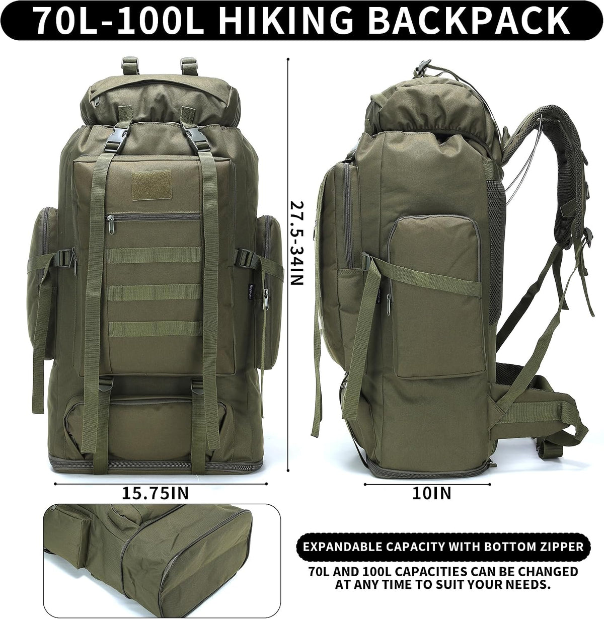 Hiking Backpack for Men 70L/100L Camping Backpack Military Rucksack Molle 3 Days Assault Pack for Climbing