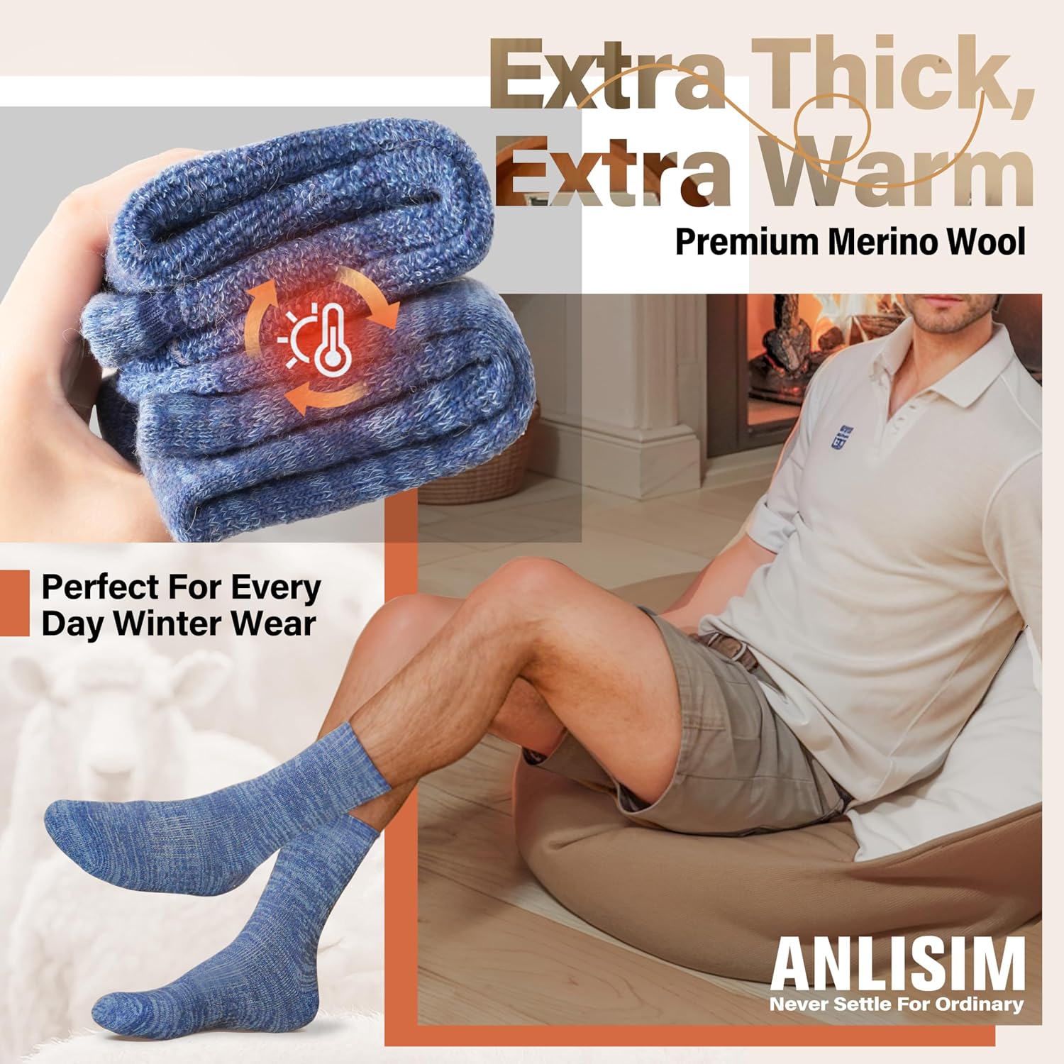Anlisim Merino Wool Hiking Socks, Boot Crew Work Socks for Women Men
