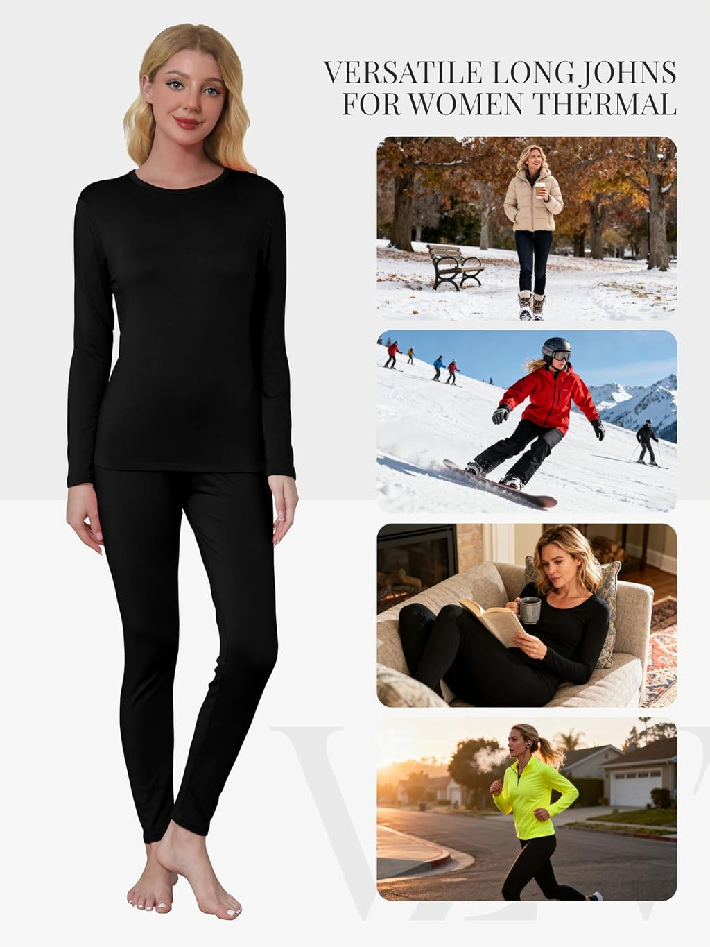 VZV 3 Set Thermal Underwear for Women Fleece Lined Long Johns Top & Bottom