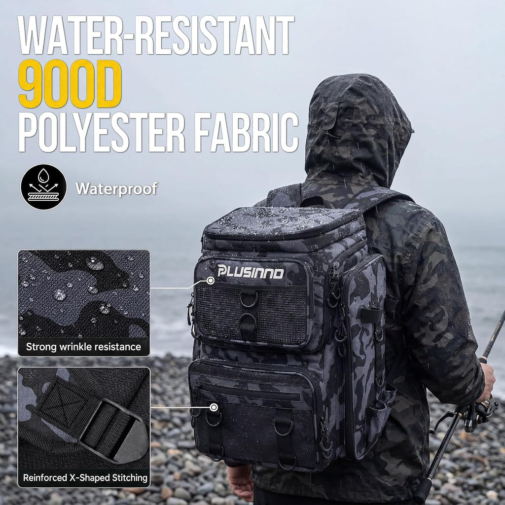 PLUSINNO Fishing Tackle Backpack with Rod Holders，42L Water-resistant Fishing Bag Store Fishing Gear, Fisher Gifts For Men.