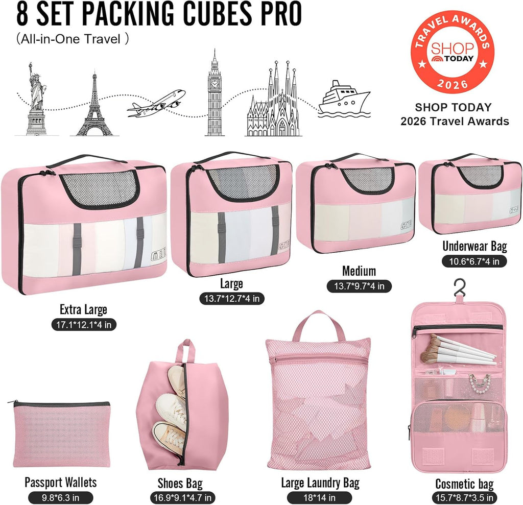 Veken 8 Set Packing Cubes for Travel Essentials,Anti-Wrinkle Buckled Suitcase Organizer for Shoe & Toiletry Bag,Carry On Luggage Bag with 99+ Count Mesh Holes for Airplane & College Dorm Accessories