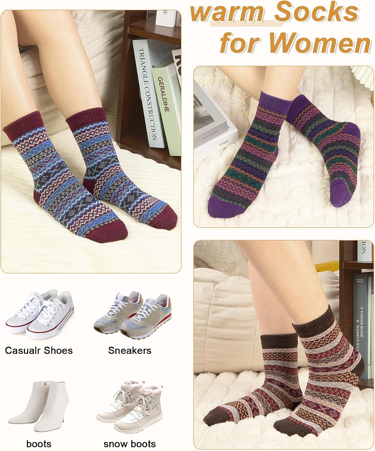 Senker Fashion Wool Socks for Women, 5 Pairs Winter Warm Crew Boot Socks