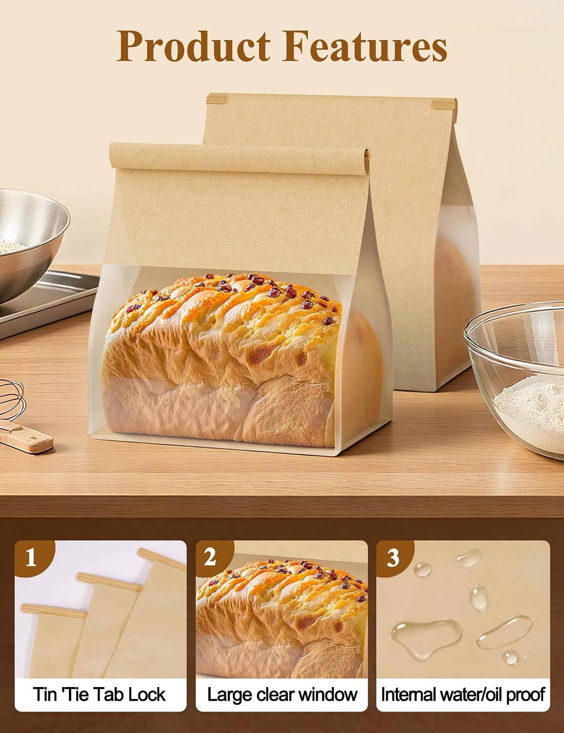 FireKylin Bread Cookie Bags with Window & Tin Tie,3.9x3.1x8.2 (100,Small)