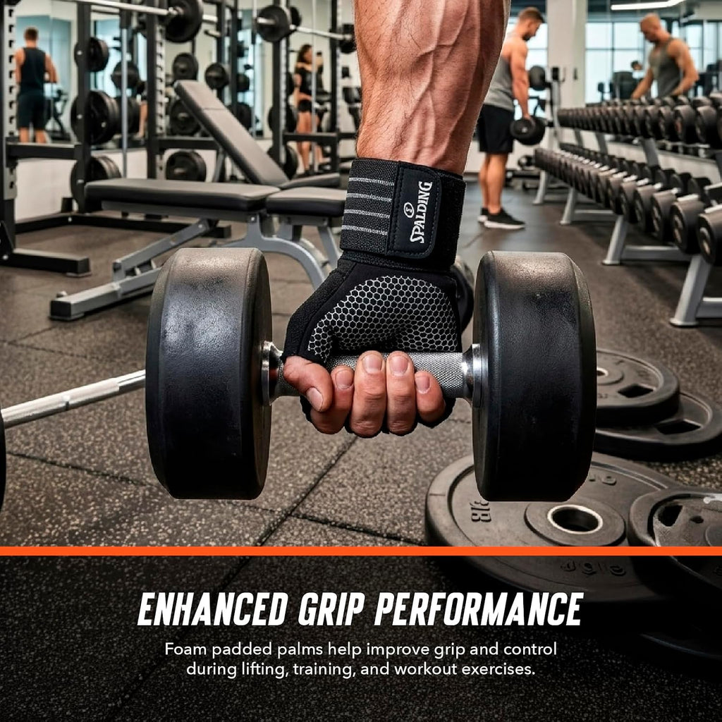 Spalding - Gym Gloves, Workout Gloves with Foam Padded Palm for Grip, Lightweight Breathable, One Size Fitness Training Gloves for Weightlifting Exercise (Black)