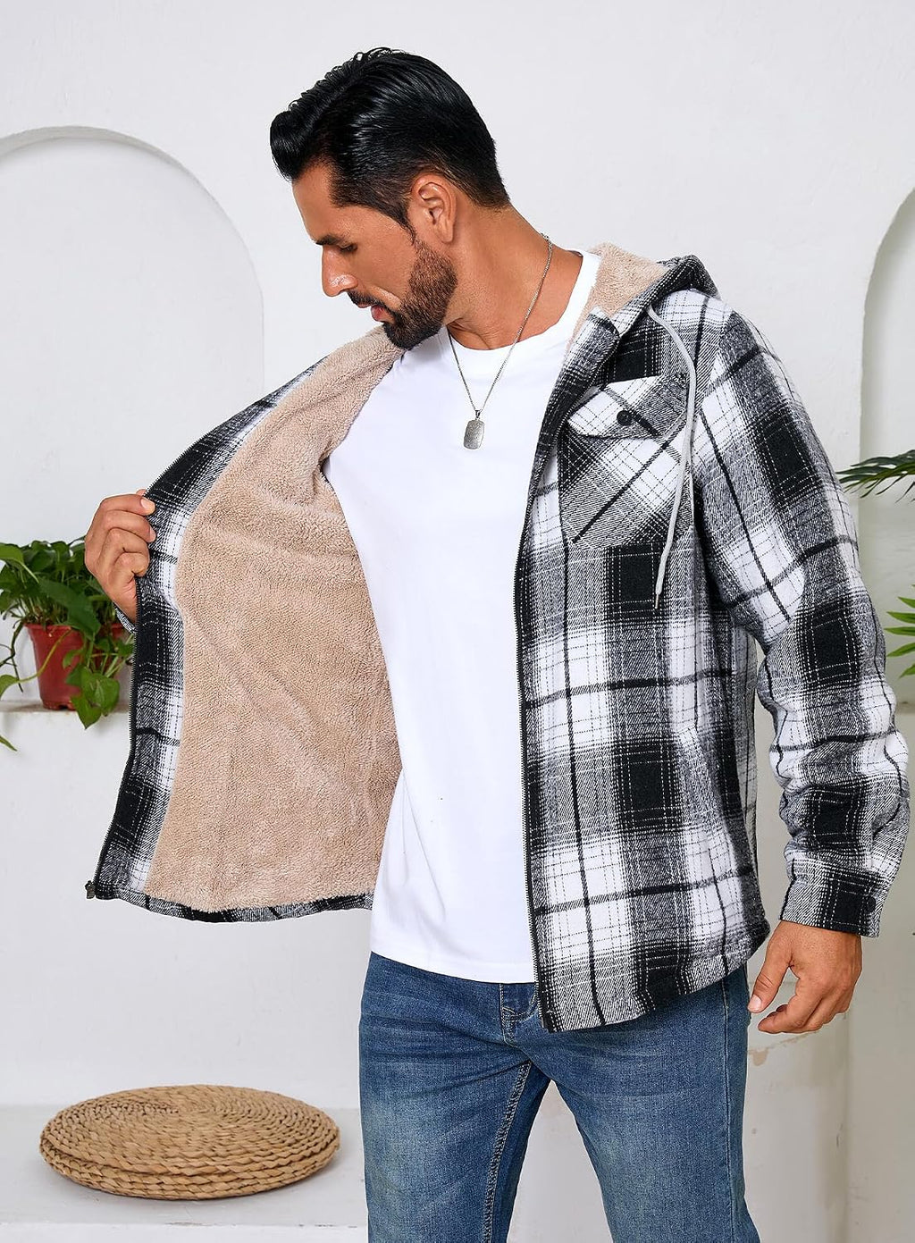 Men's Zip Up Flannel Shirt Jacket Fleece Lined with Hood