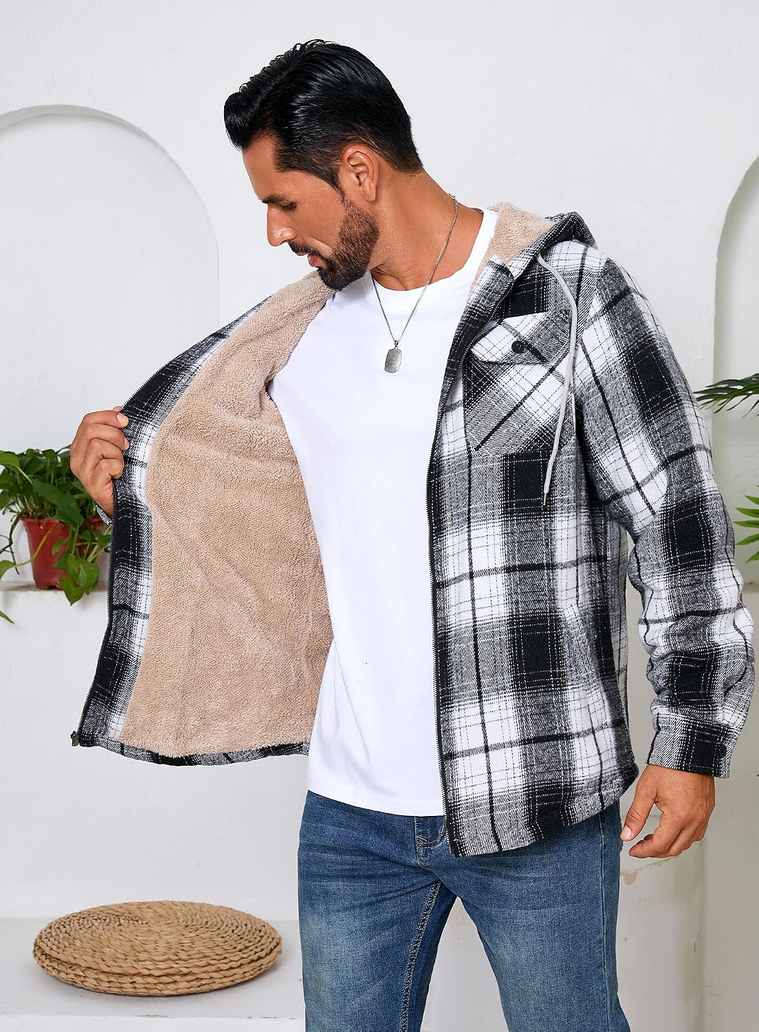 Men's Zip Up Flannel Shirt Jacket Fleece Lined with Hood