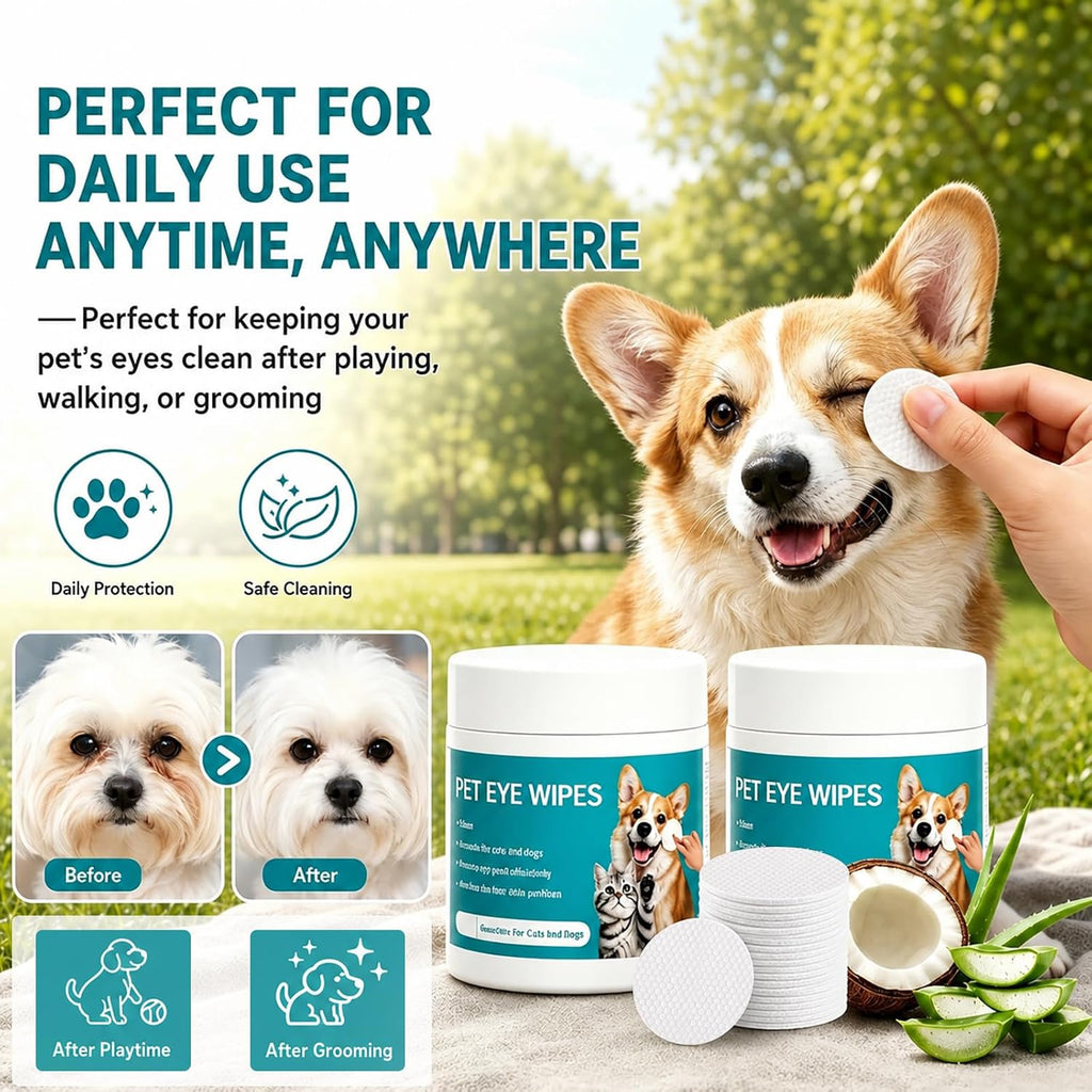 Dog Eye Wipes, Pet Eye Defense Wipes for Daily Cleaning, Tear Stain Remover with Chamomile & Aloe, Pre-Soaked Unscented for Sensitive Eyes, Gentle Texture (2Pcs)