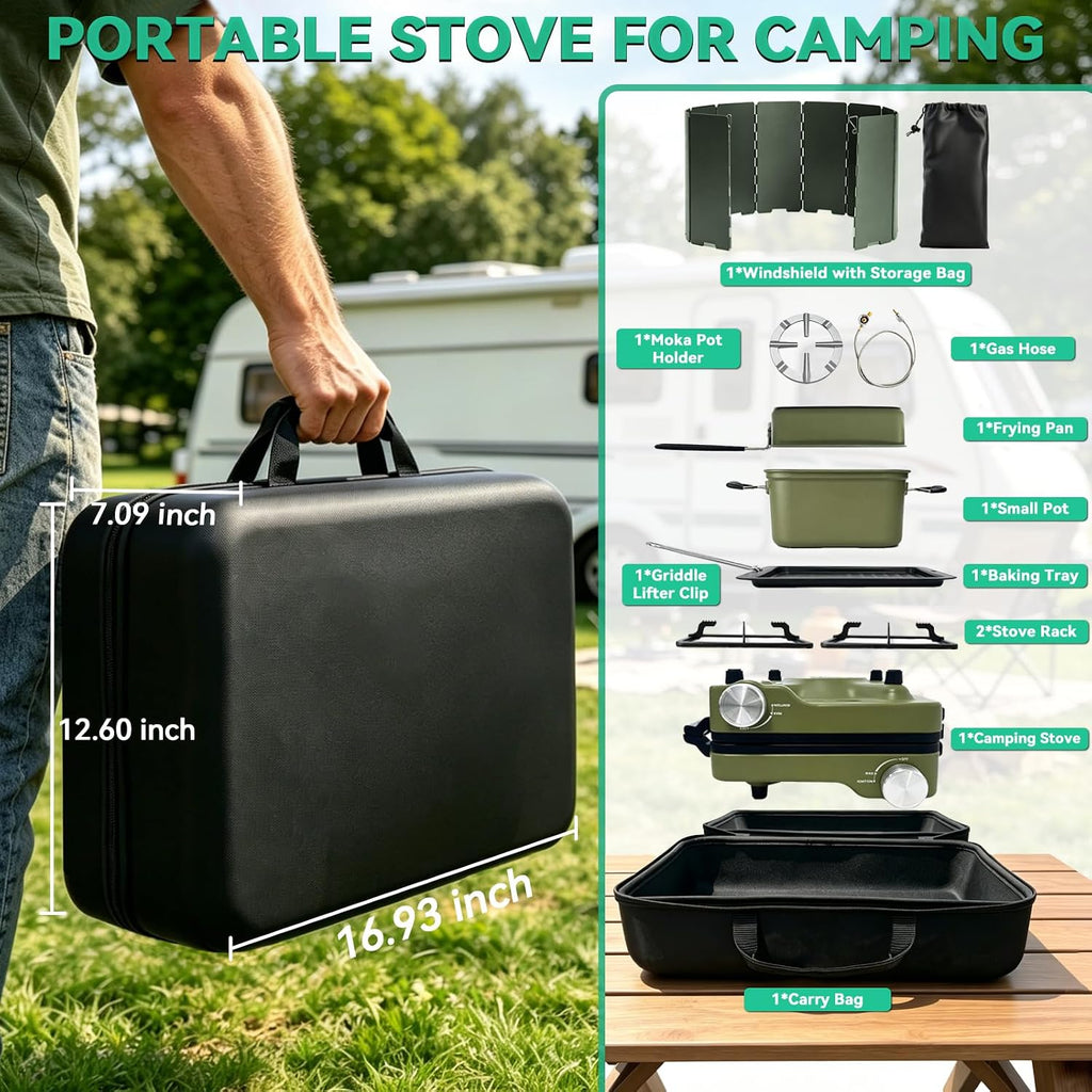 2 Burner Portable Propane Camping Stove Kit, 24000 BTU Foldable Hiking Stove with Frying Pan, Pot, Windshield & Carry Bag, Outdoor Cookware Camp Cooking Set for Tailgating, BBQ, Picnic, Green