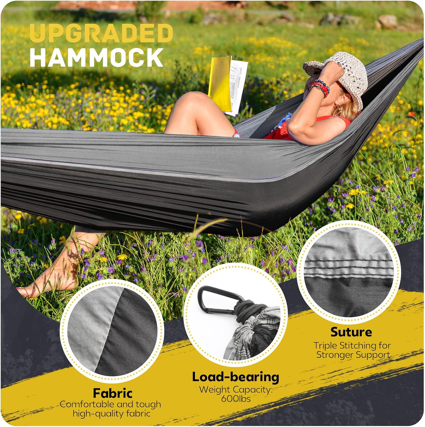 Camping Hammock Lightweight, Portable Hammocks Parachute Hammock with Two Tree Straps, Single or Double Travel Swing Nylon Camp Hammocks, Outdoor Essentials for Beach Backpacking Hiking, Orange