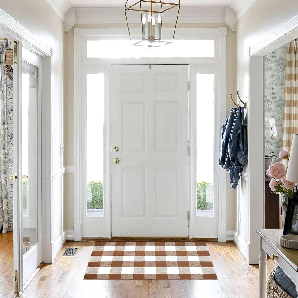 Homydecor Buffalo Plaid Outdoor Rugs, 28'' x 43'' Coffe and White Checkered Area Rug, Layering Rug for Hello/Welcome Door Mat, Washable Cotton Woven Farmhouse Mat for Front Porch Décor
