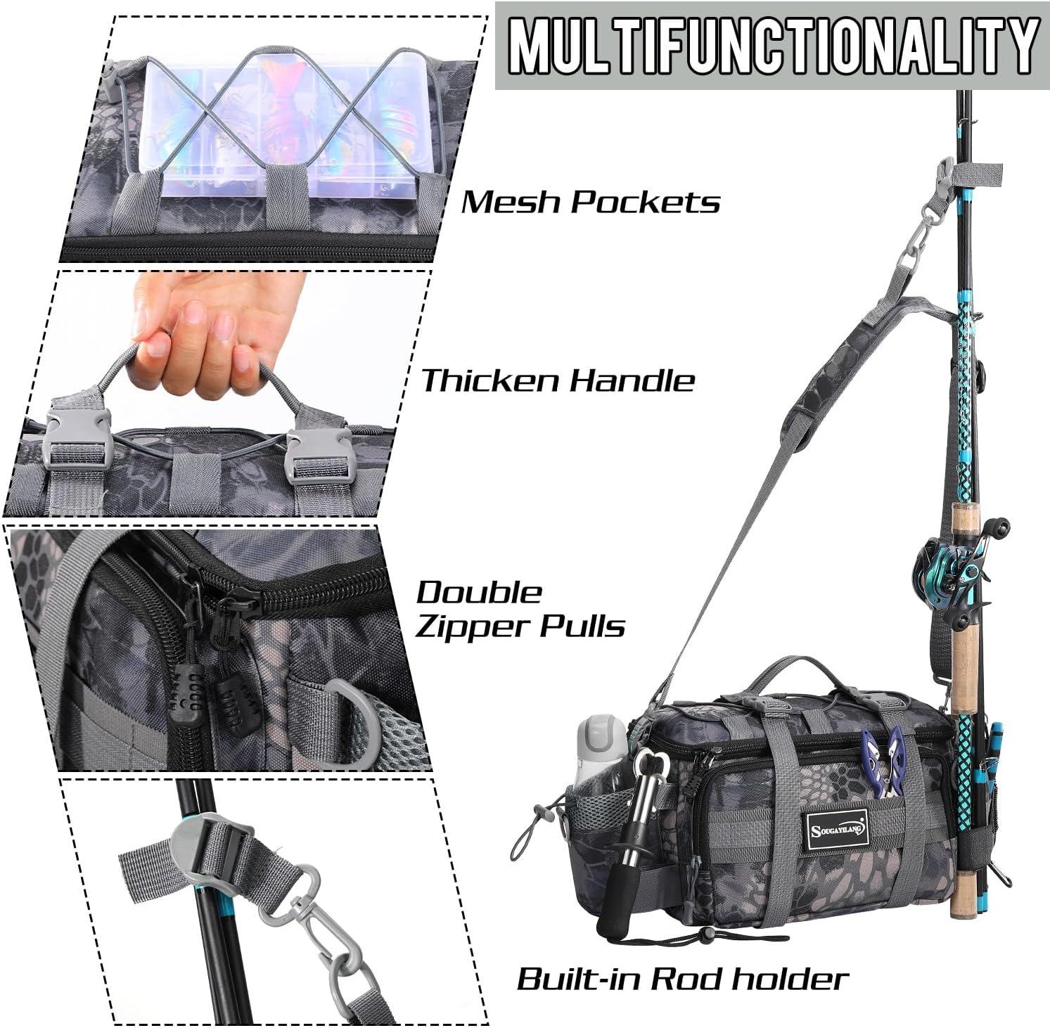 Sougayilang Fishing Tackle Bags with 3600 Tackle Tray - Fishing Tackle Storage Bags for Saltwater or Freshwater Fishing Gear - Padded Shoulder Strap - Tackle Box Bag Fishing Bag(Grey)