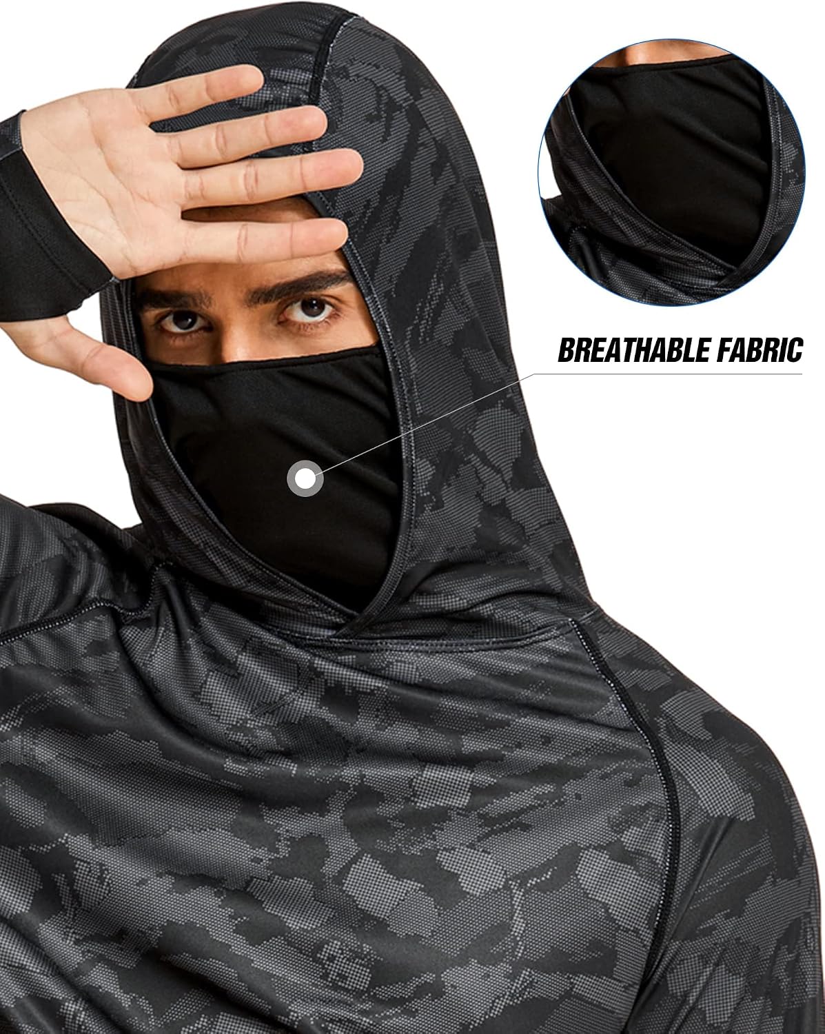 COOrun Men's Hooded Sun Shirts with Mask Fishing Shirts for Men Long Sleeve UPF 50 Rash Guards Cooling Hoodies Hiking Shirts