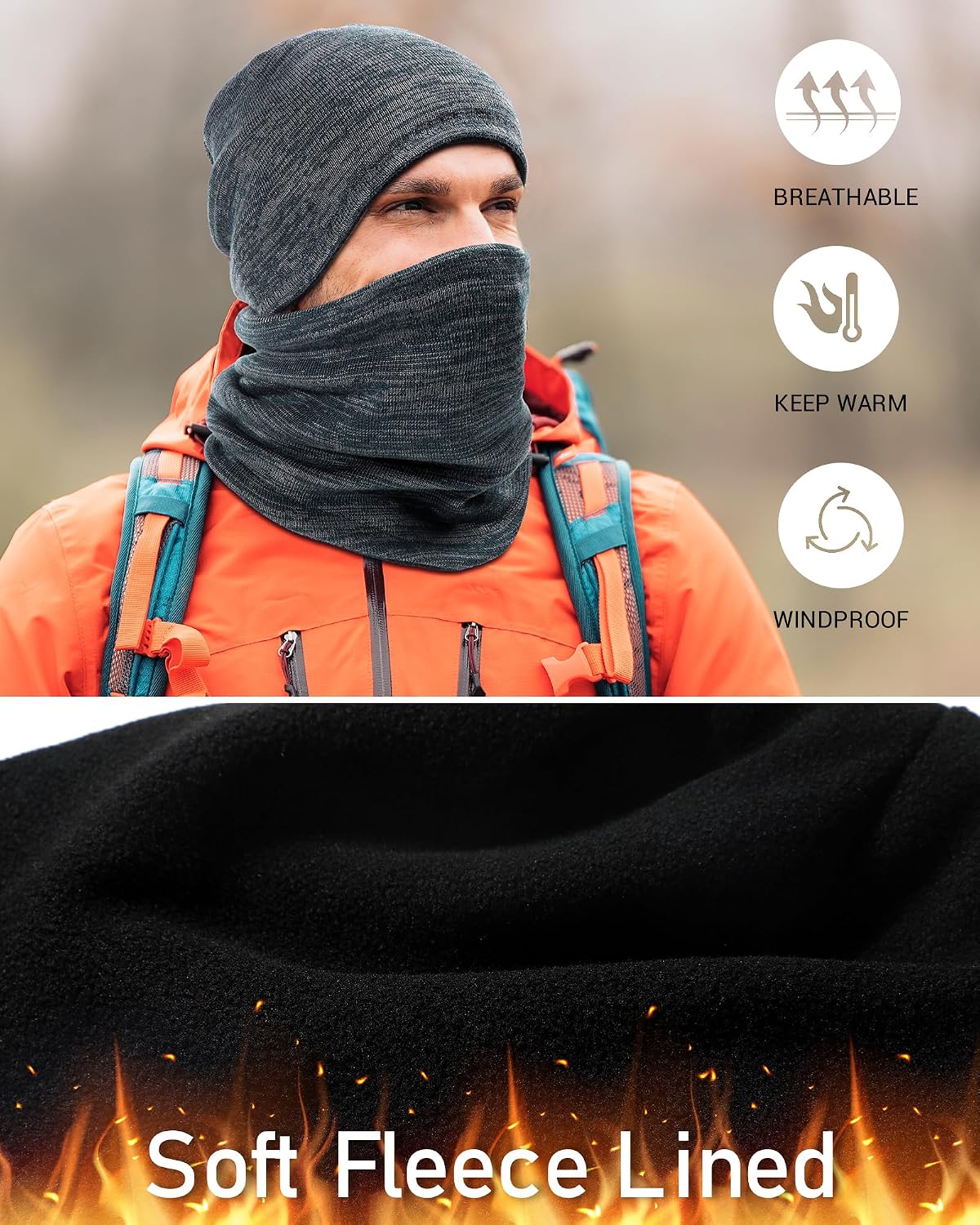 Winter Beanie Hat Scarf Set for Men Women Fleece Lined Warm Windproof Ski